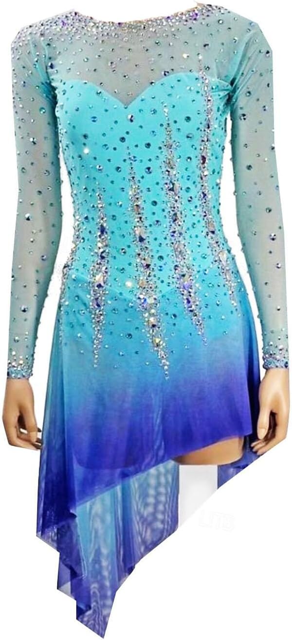 purpleq Mädchen Eislauf Performance Bekleidung Damen Eiskunstlauf Kleid Mit Langen Ärmeln Gradient Farbe Erwachsene Rollschuh Kleid Elastizität Gymnastik Tanzkostüme
