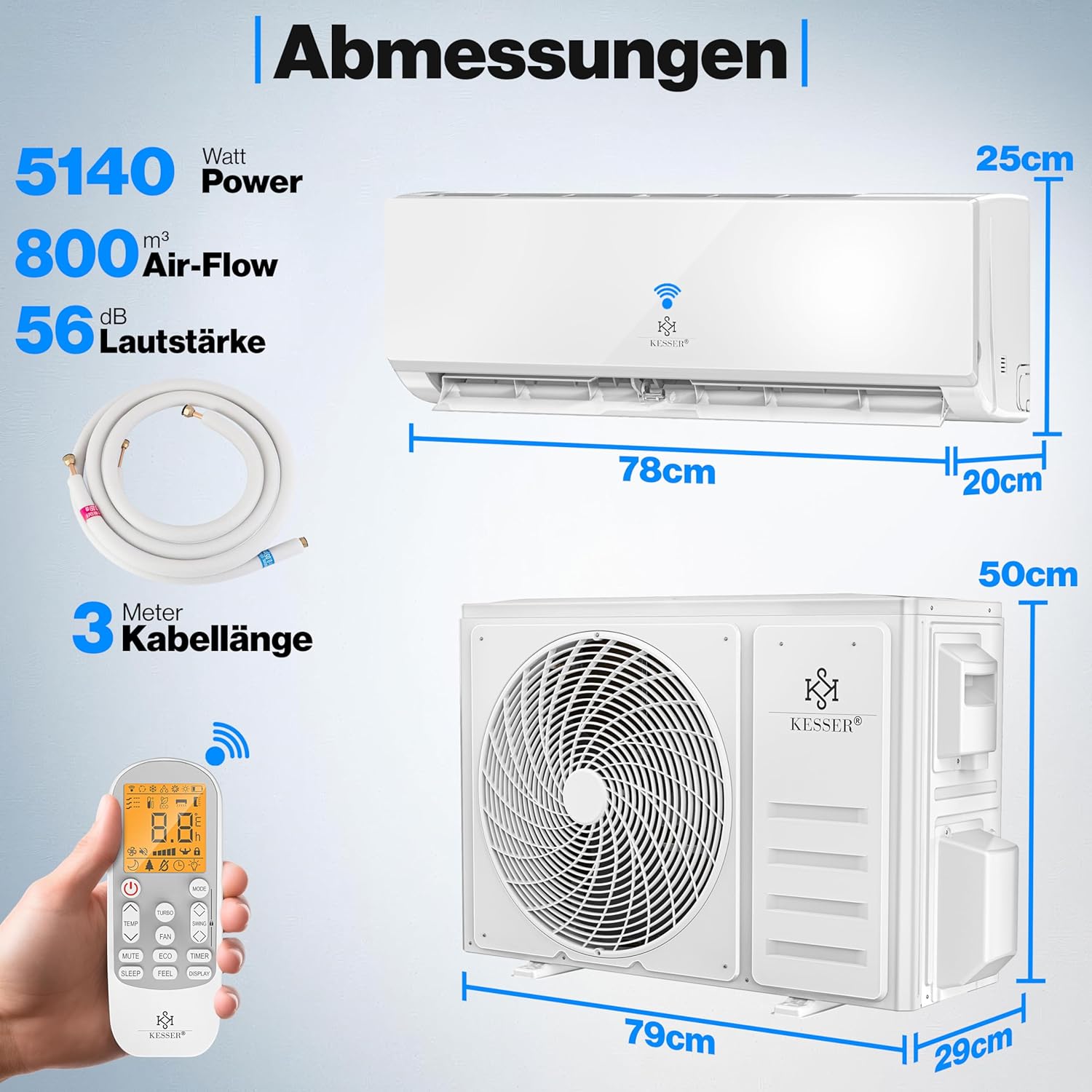 KESSER® Klimaanlage Set Split, WiFi/App Funktion Klimagerät, Kühlen A++/Heizen A+, 18000 BTU/h (5.300W) sehr leise, Kältemittel R32, Fernbedienung, Timerfunktion, Montagematerial, Weiß