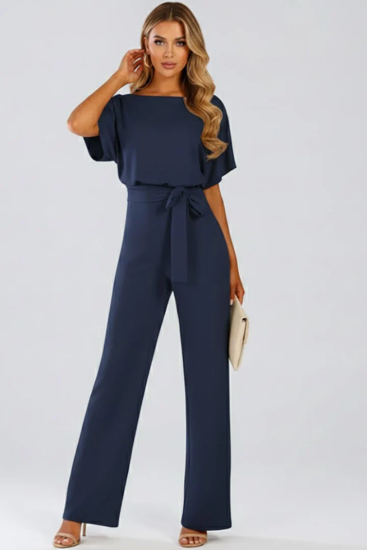 Damen Jumpsuit mit weitem Bein und G��rtel | Kurzarm Einteiler mit Rundhalsausschnitt | Flie?ender Hosenanzug f��r Damen