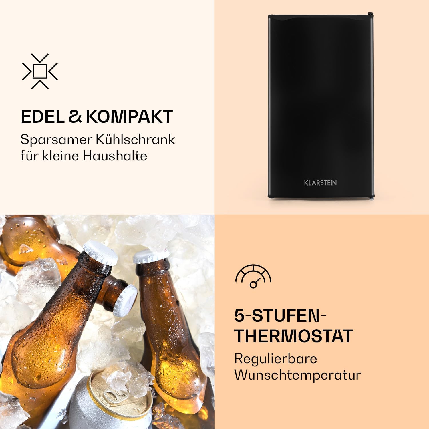 Klarstein MKS-6 Mini-Kühlschrank mit 66 Liter Volumen und 83 Watt, Sleek Edition, freistehend, 3 Temperaturstufen 5 bis 15 °C, 33 db, Innenbeleuchtung, Regaleinschübe, Seitenfächer, weiß