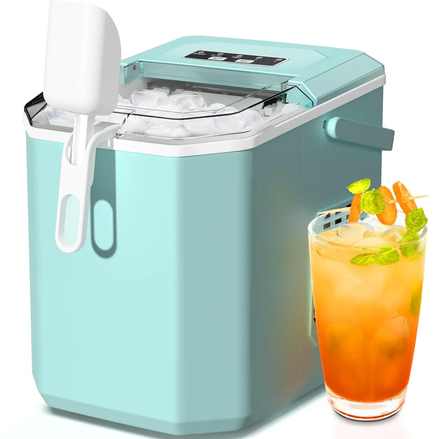 2025 Draagbare Tafel Ijsmachine met Handvat, Zelfreiniging, Mandje en Schep �C 9 Ijsblokjes in 6 Minuten, 12 kg in 24 Uur, 2 Maten Ijsblokjes in Bolvorm, voor Thuis, Keuken, Feest (Grijs)