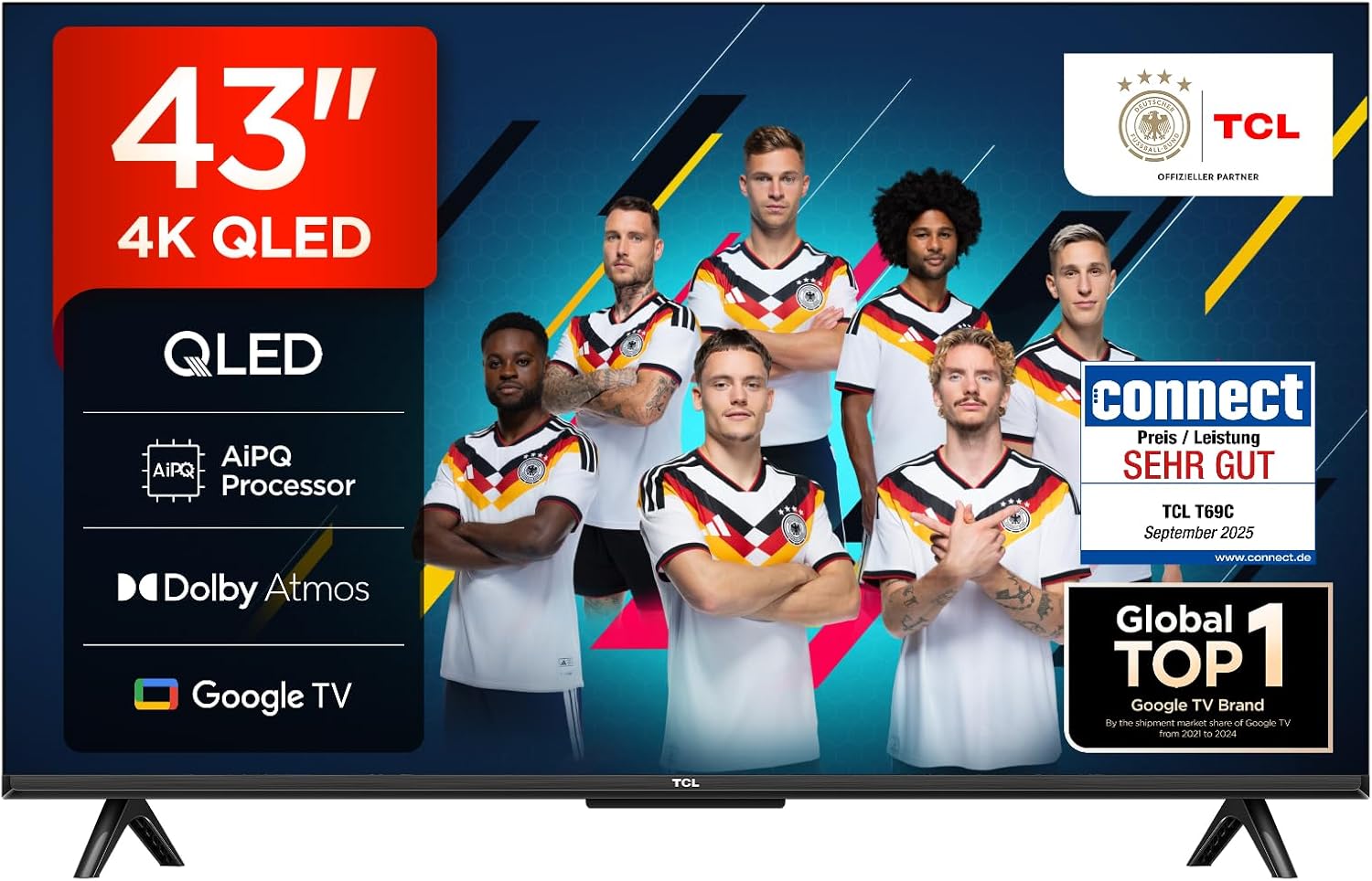 TCL 43T69C 43 Zoll QLED, Direct LED TV, 4K HDR TV, Smart TV (Dolby Vision & Atmos, Motion Clarity, Kompatibel mit Assistant & Alexa)