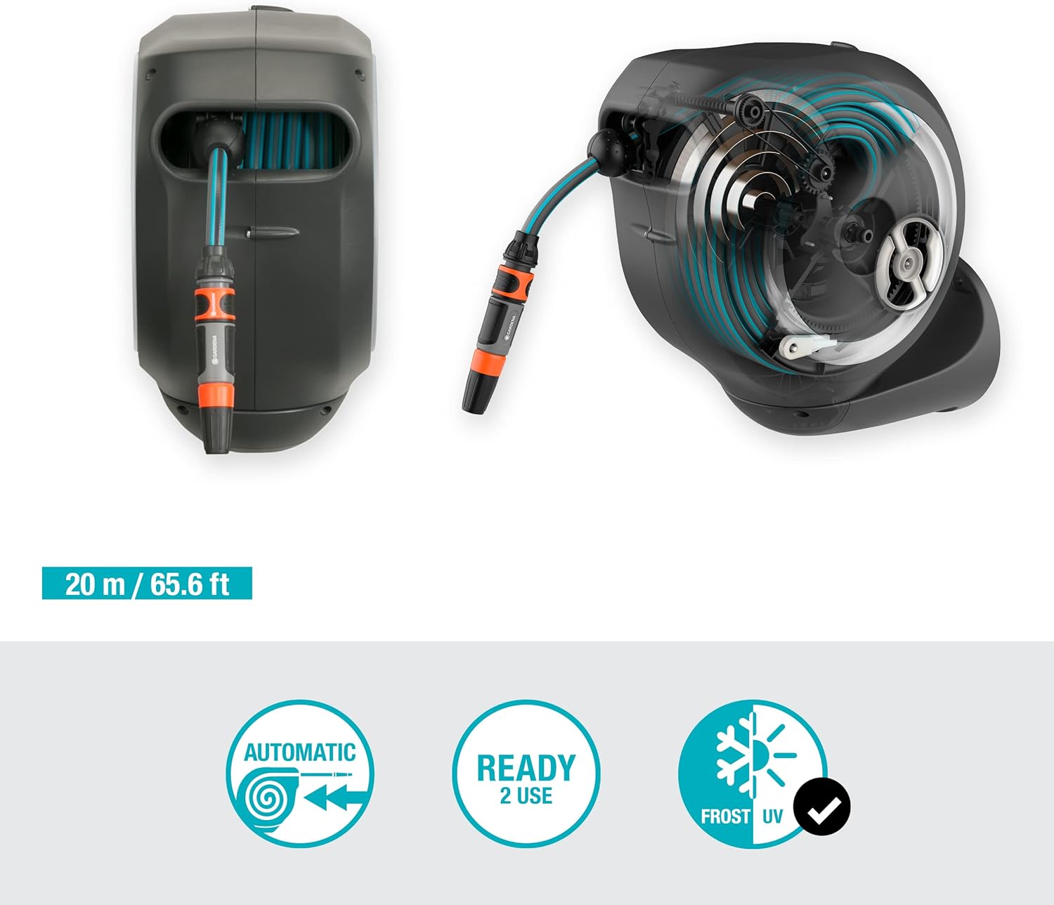 Gardena Wand-Schlauchbox RollUp M 20 m: Flexible Bewässerung für mittelgroße Gärten, schwenkbare Schlauchtrommel, mit Wandhalterung, Systemteilen und Spritze inkl. 20 m Gardena Schlauch (18612-20)