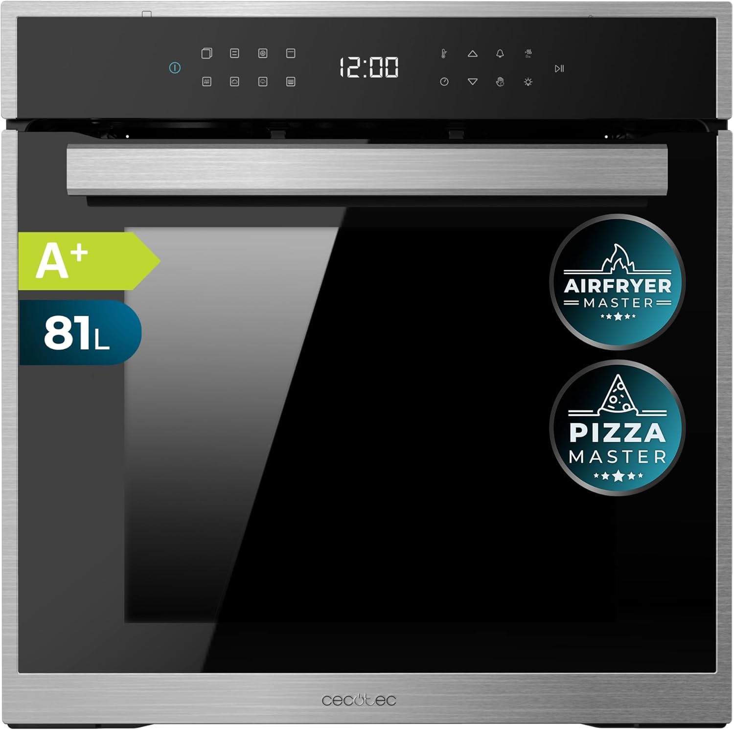 Cecotec Einbaubackofen Pyrolytisch 60 cm Bolero Hexa P506000 Edge A+. 3400W, 81L Kapazität, 11 Funktionen mit Airfryer Master, Pizza Master, 3D Cooking, Steam Base X2, Pyrolyse