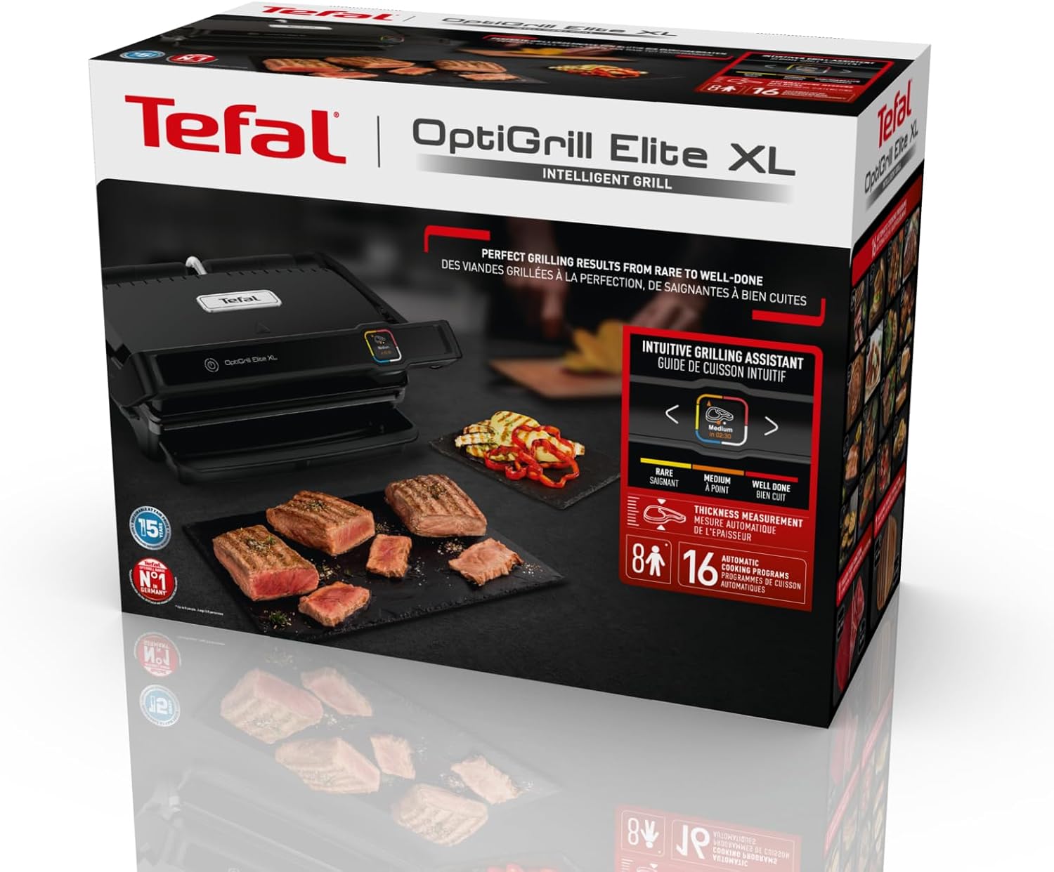 Tefal OptiGrill Elite XL Kontaktgrill, automatische Garzeitanpassung, perfekte Ergebnisse, 16 Programme, digitales Display mit Garstufenanzeige, abnehmbare XL-Platten, Elektrogrill, schwarz, GC760812