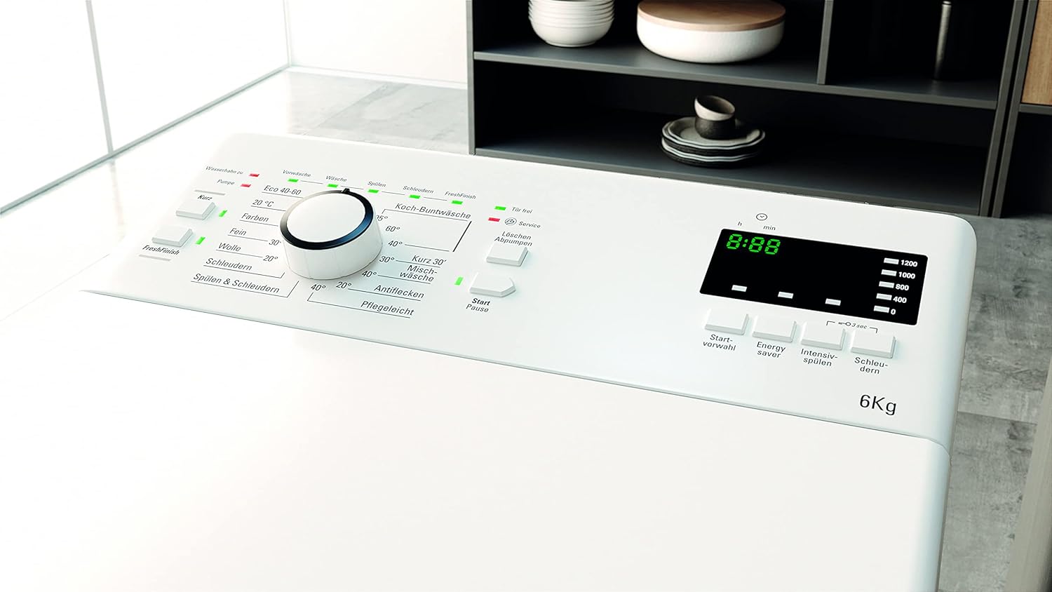 Bauknecht WMT Pro Eco 6ZB Toplader-Waschmaschine / 6 kg / 1200 UpM/Antiflecken-Programm/FreshFinish/ZEN Technology/Startzeitvorwahl/SoftOpening/Kurz 30'/ 15° Green& Clean