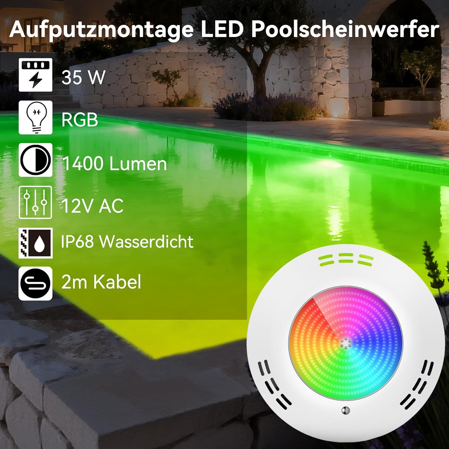 LyLmLe Harz Gefüllt Poolbeleuchtung LED, 35W Ultraflach Poolscheinwerfer RGB Externe Synchronisation mit Fernbedienung,140° Abstrahlwinkel,IP68 Wasserdicht,Aufputzmontage,12V AC(2er-Pack)