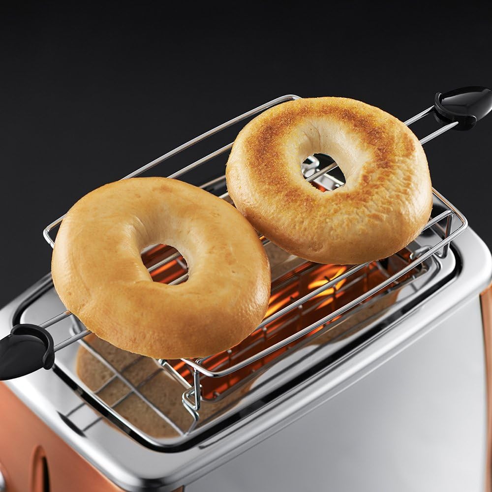 Russell Hobbs Toaster [für 2 Scheiben] Luna Edelstahl Kupfer (extra breite Toastschlitze, inkl. Brtchenaufsatz, 6 Brunungsstufen + Auftau- & Aufwrmfunktion, 1550W) 24290-56