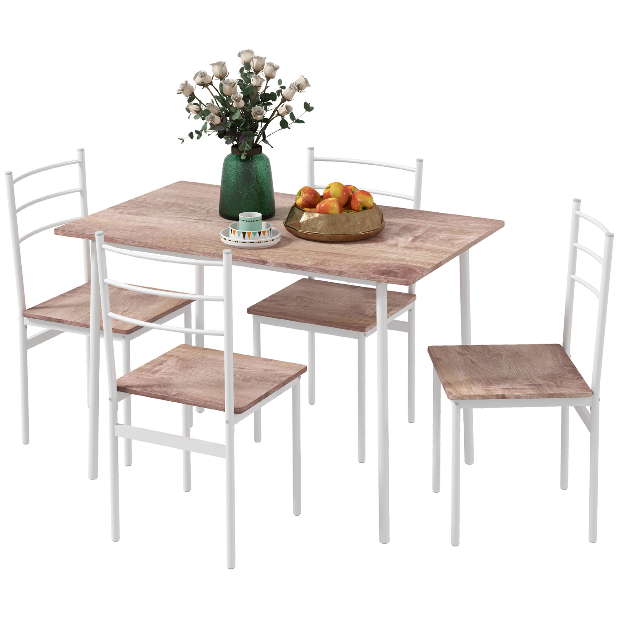 5-delige Eetgroep Eettafel met Stoelen Zitgroep, Modern Ontwerp, Natuur + Wit