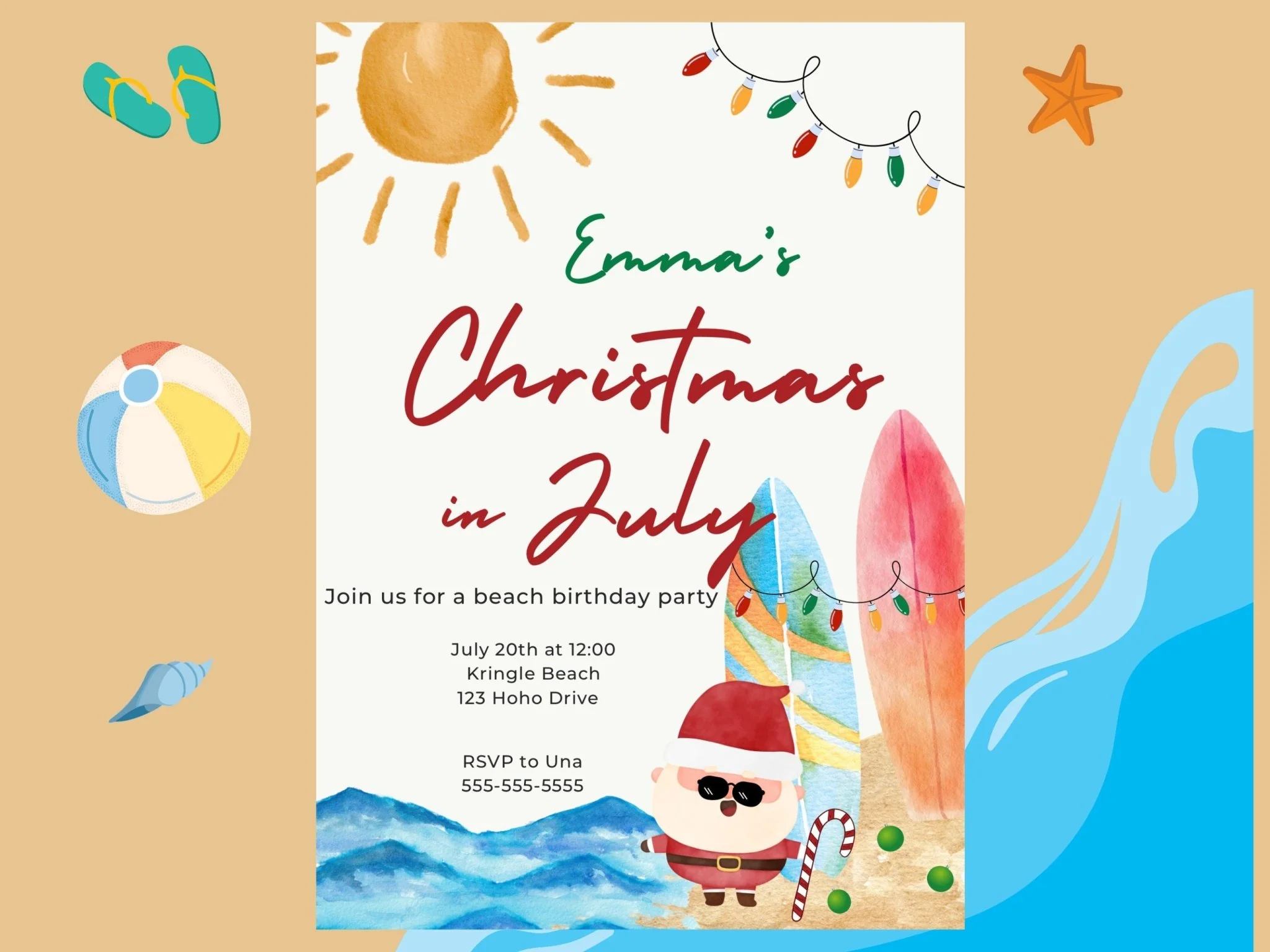 Christmas in July Invitation, beach party Invitation, children's birthday invitation, july birthday, Christmas in July Birthday