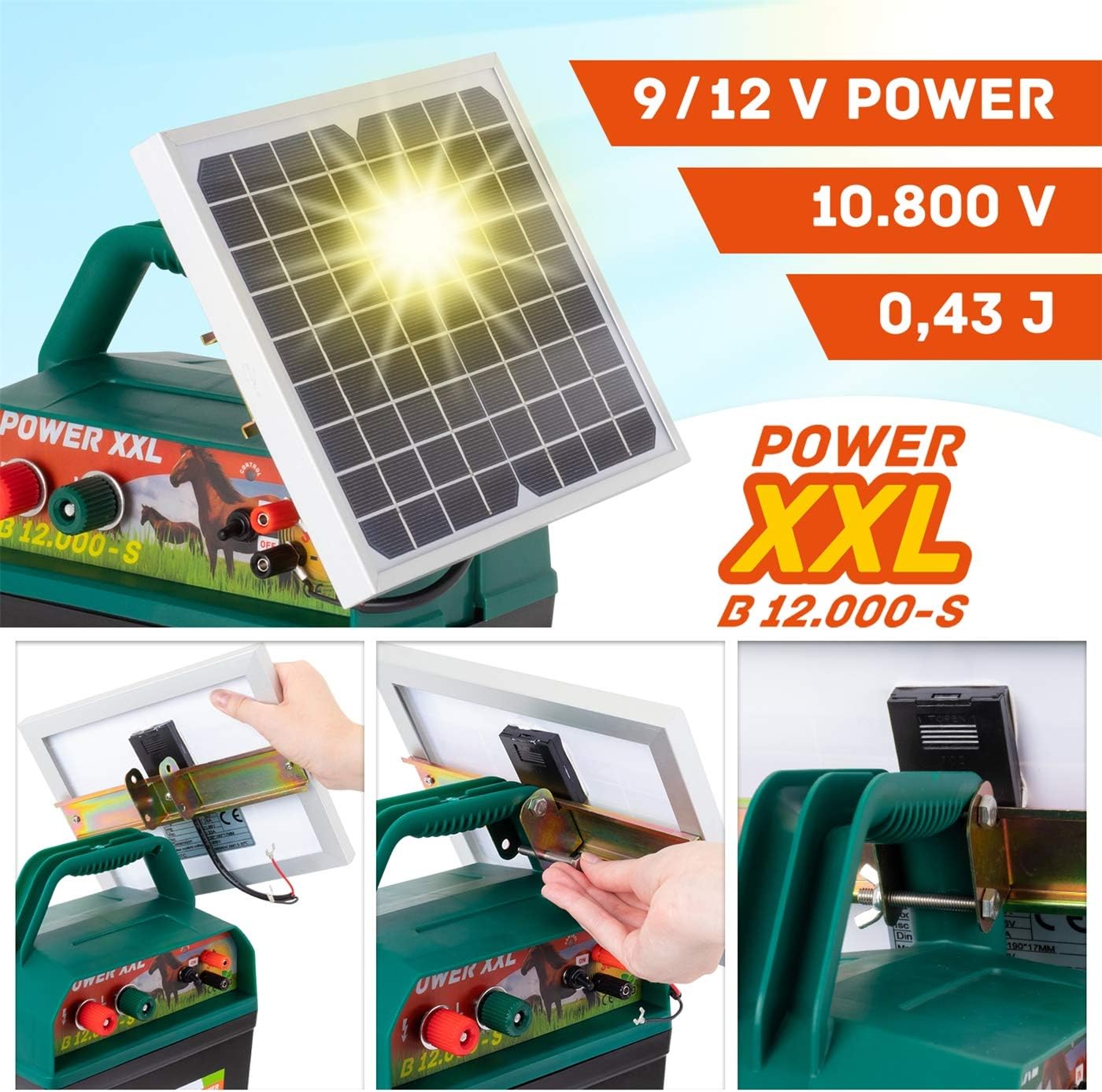 VOSS Power XXL B 12.000-S, 10.800V Starkes Solar-Weidezaungerät 9V 12V, inkl. 55Ah Batterie und Warnschild, Hocheffektives Solarmodul, Für Pferde, Ponys, Hund, Katze, Reiher, Rind, Schwein