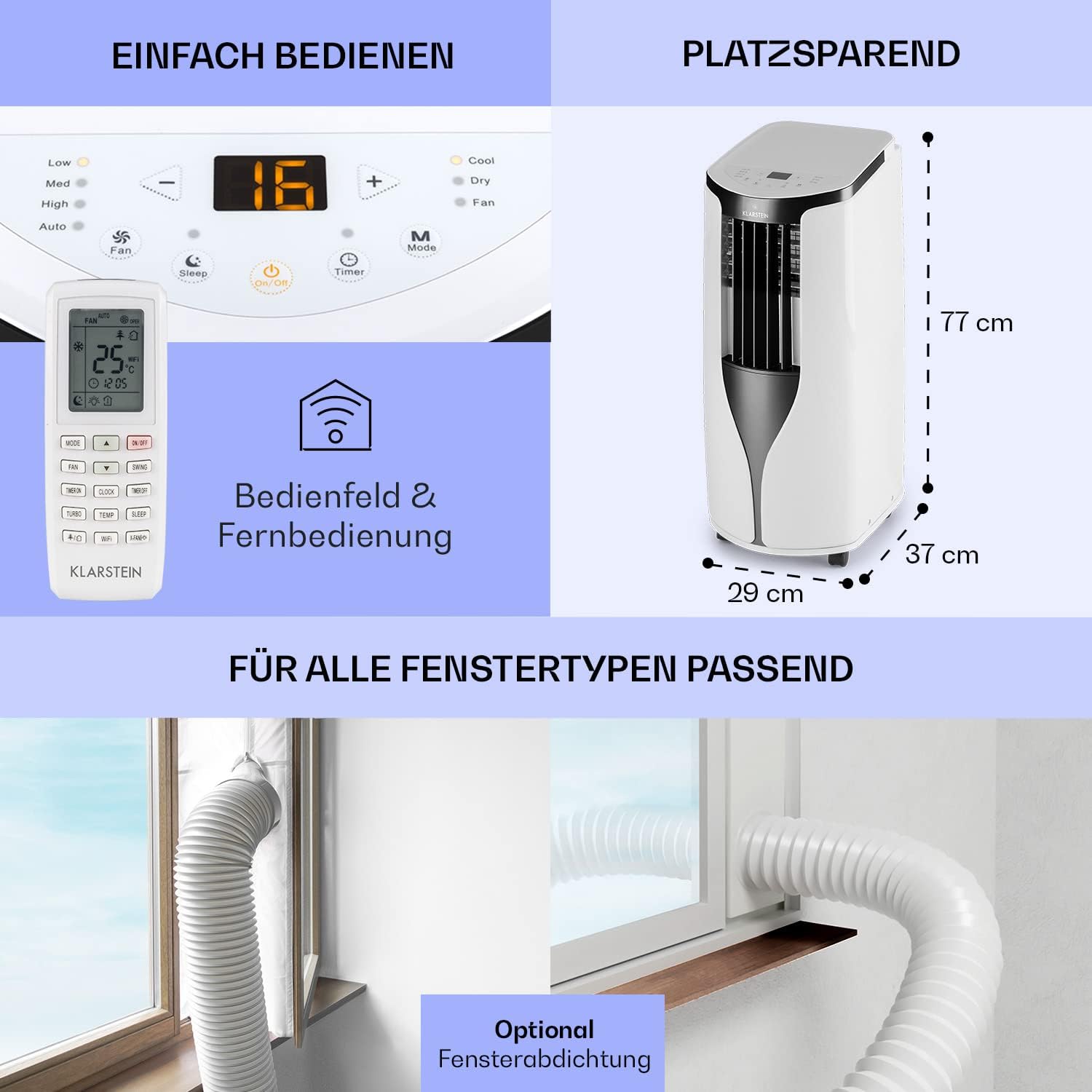 Klarstein Mobile Klimaanlage mit Abluftschlauch, 3-in-1 Klimagerät mit Ventilator & Luftentfeuchter, Kleine & Portable Klimaanlage für Wohnung & Büro,10000 BTU AC mit Niedrigem Verbrauch