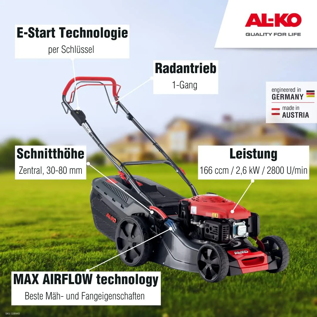 AL-KO Benzine grasmaaier Comfort 46.0 SP-A Plus (46 cm maaibreedte, 2.1 kW motorvermogen, Robuuste plaatstalen behuizing, Achterwielaandrijving, Mulchfunctie, Zij-uitworp, voor gazons tot 1400 m2)