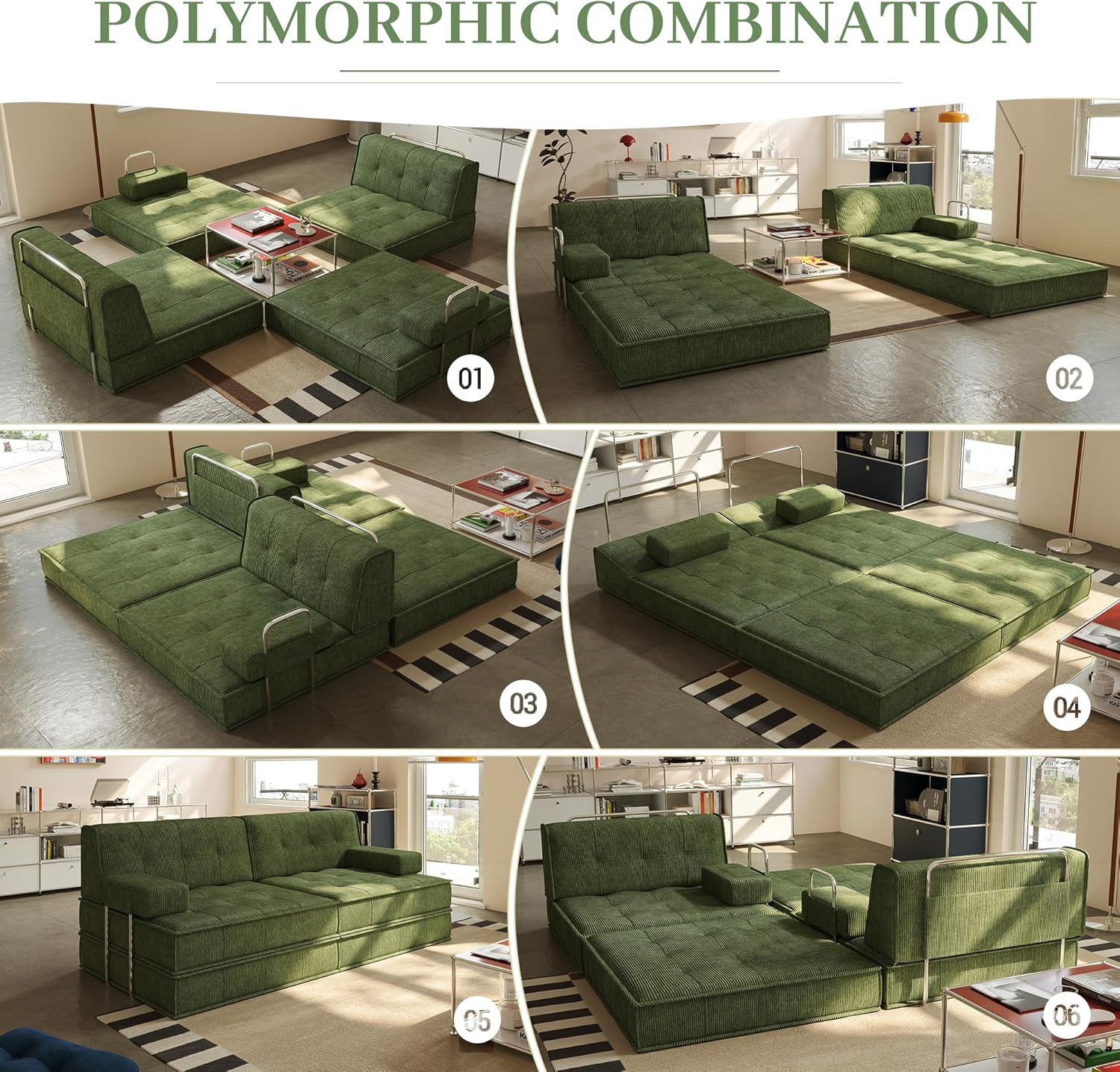 6 in 1 Schlafsofa 160x100cm,Klappbare Matratze 200x160cm mit festem Rahmen, bequemer ausklappbarer Futon, 4-Sitzer Gästesofa modularer Loveseat ohne Federkern für Wohnzimmer