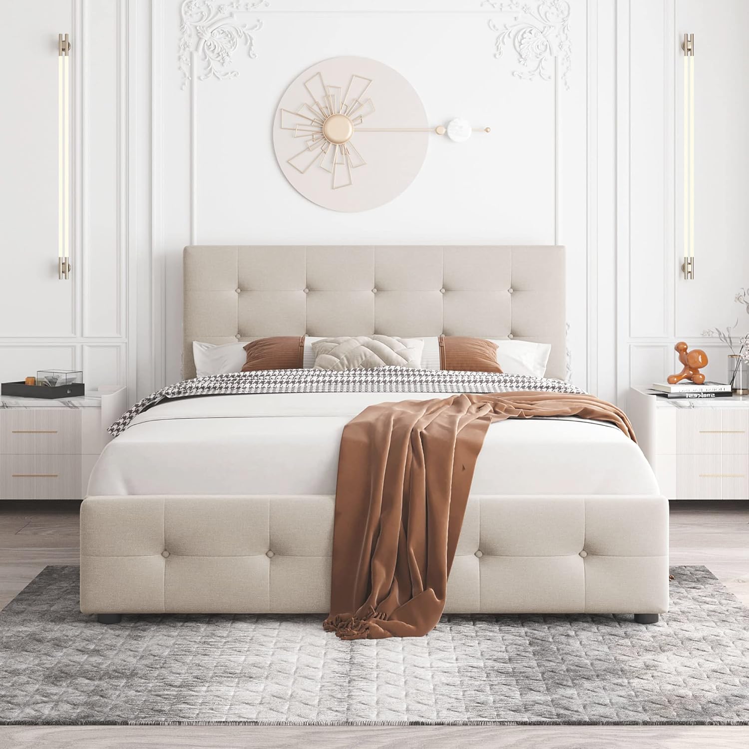 Polsterbett Doppelbett 140x200 cm, Bett mit 4 Stauraum Schubladen und Kopfteil, Bettgestell mit Lattenrost und Metallrahmen, Samt, Beige, Ohne Matratze