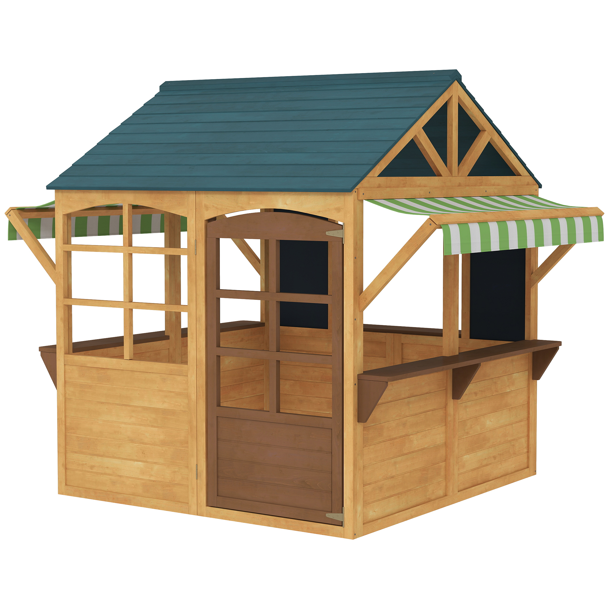 AIYAPLAY Kinder speelhuis van dennenhout, Opvouwbare Speelhut met Vensters, Deur, voor Kinderen van 3-8 Jaar, Bruin+Blauw