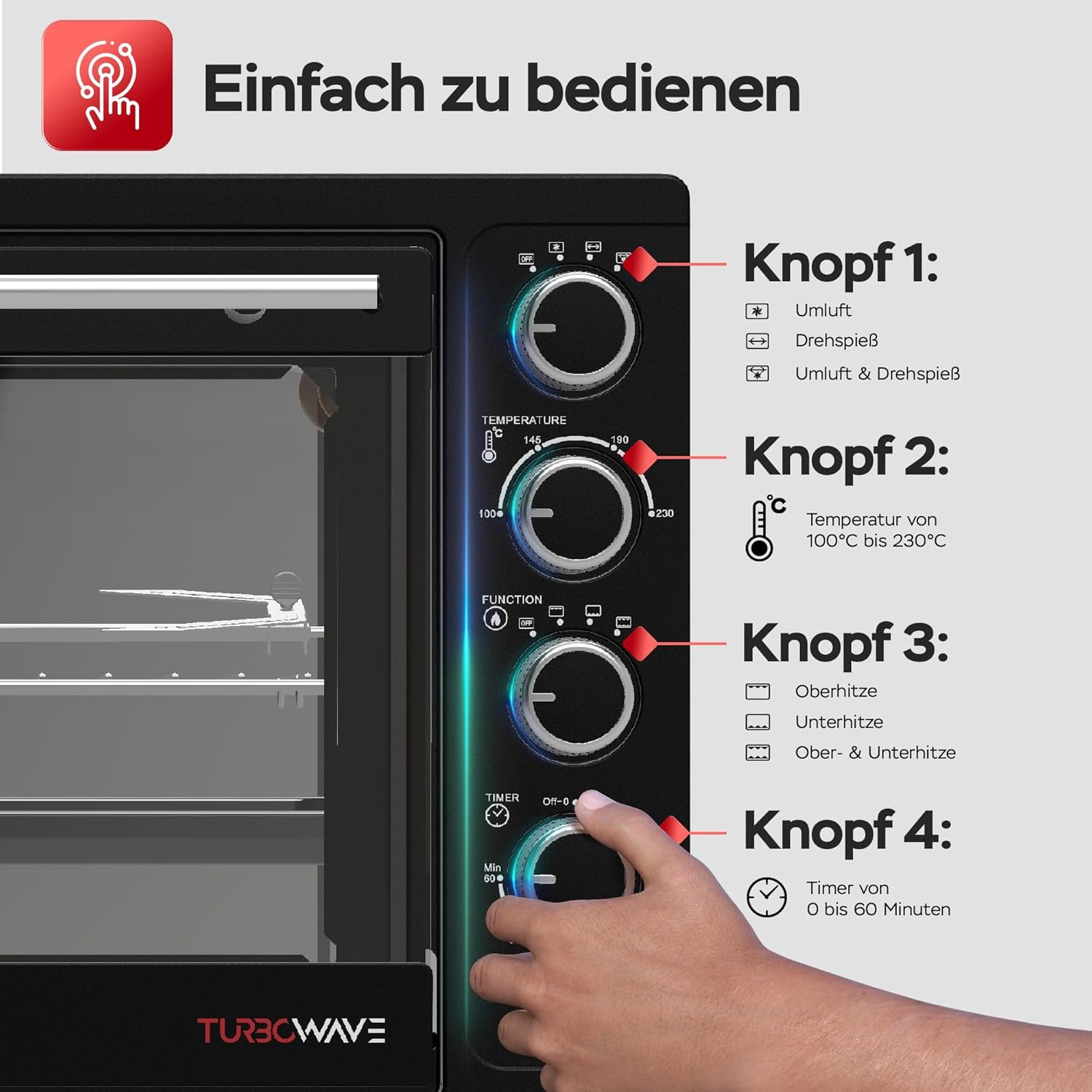 TurboTronic Minibackofen mit Umluft 45L schwarz 2000W, Drehspieß, Timer, Mini Backofen, Pizzaofen, 2 Backbleche, Grill