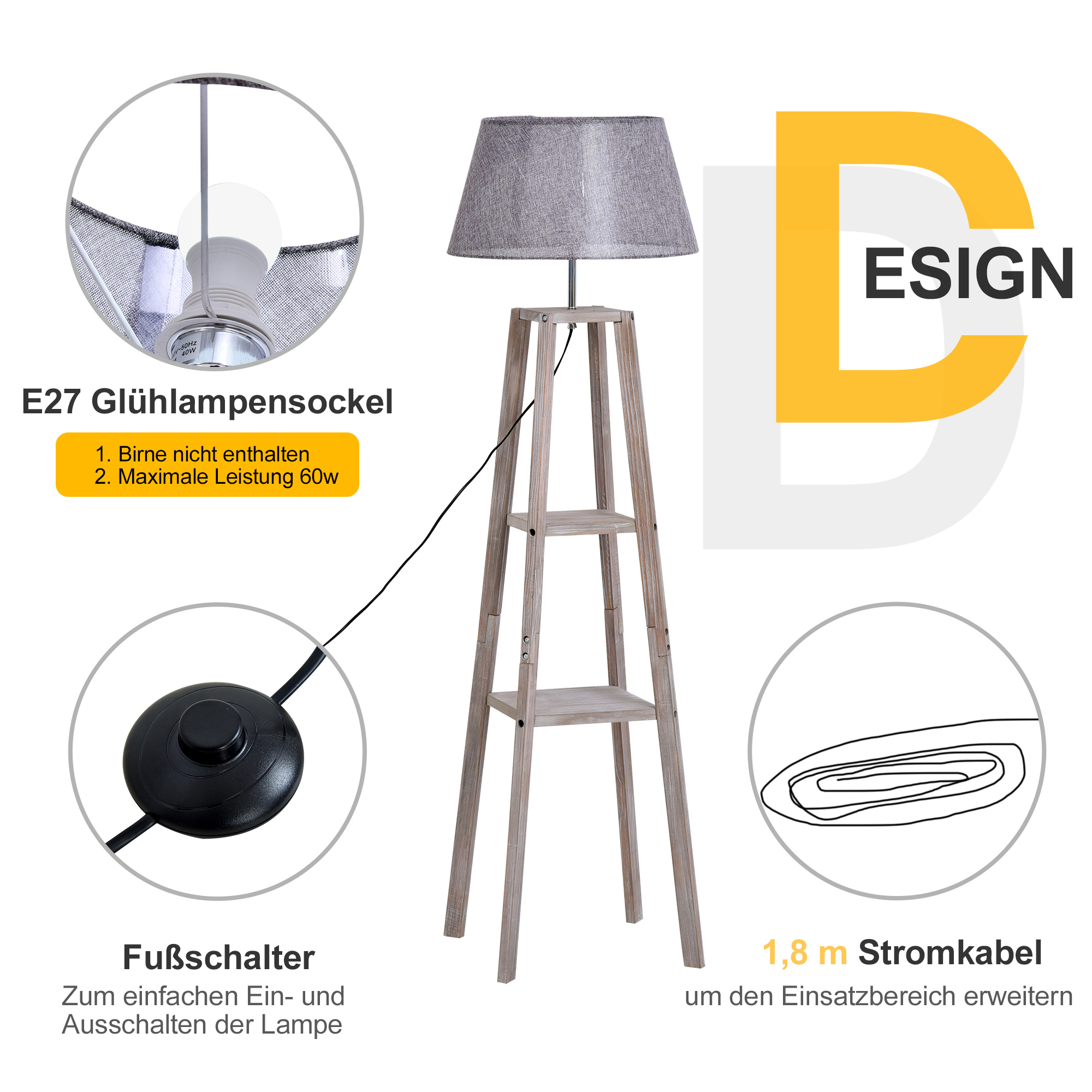 Staande lamp met schappen, Scandinavische schemerlamp, lamp, linnen, grenen hout, natuurlijk, grijs, 45 x 45 x 148 cm schappen vloerlamp lamp grenen naturel grijs | Aosom.de