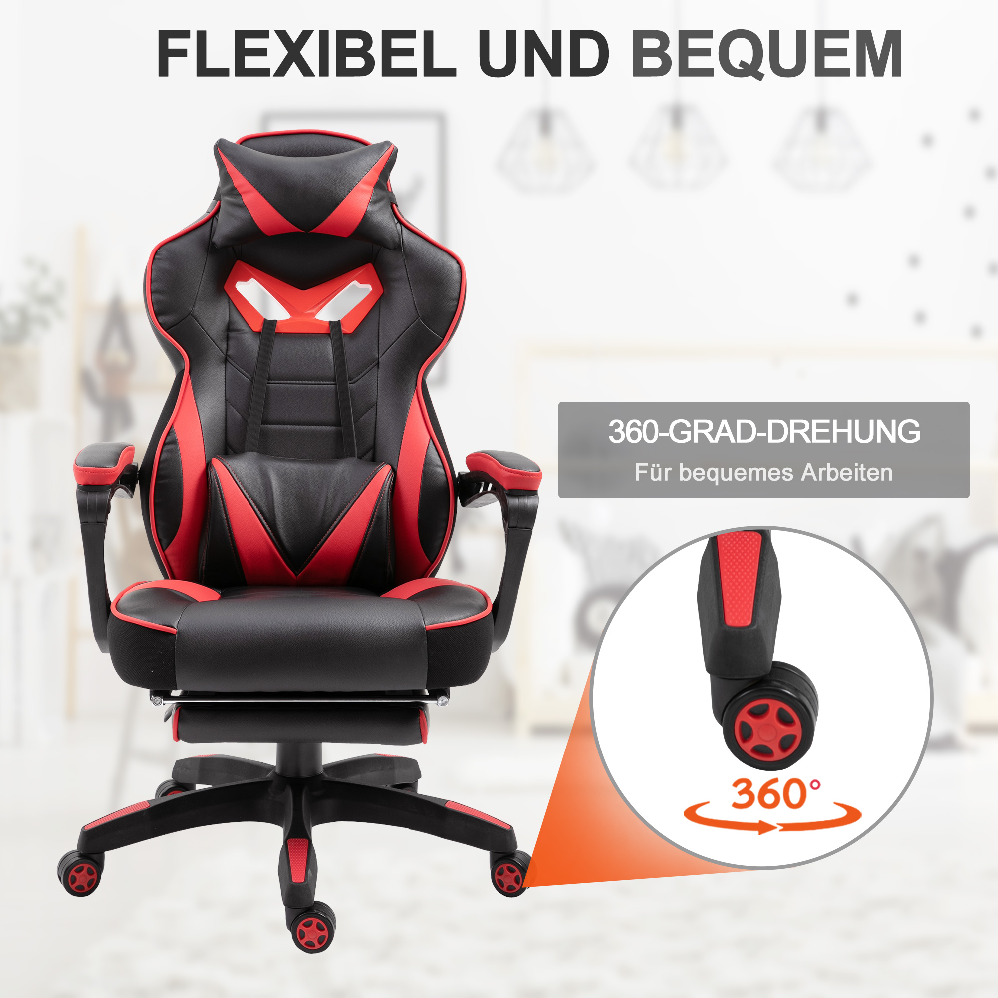 Vinsetto Ergonomische Gamingstoel met Racestijl - Uitschuifbare Voetsteun, Zwart+Rood