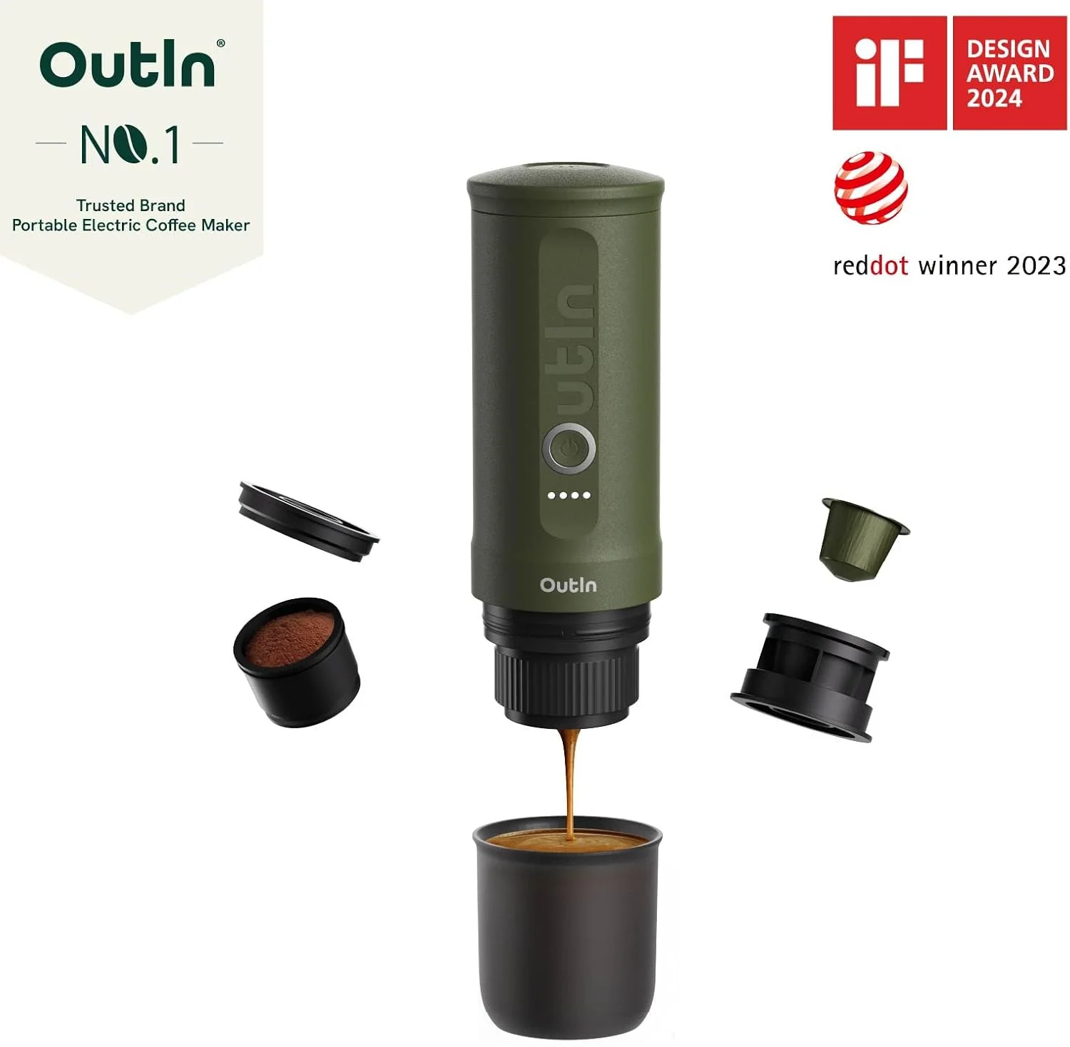 OutIn Nano Draagbare Espressomachine met Batterij, voor onderweg of camping, Koffiezetapparaat to go, met elektrische zelfverwarming via USB - C, 2 in 1 voor gemalen koffie en NS - capsules