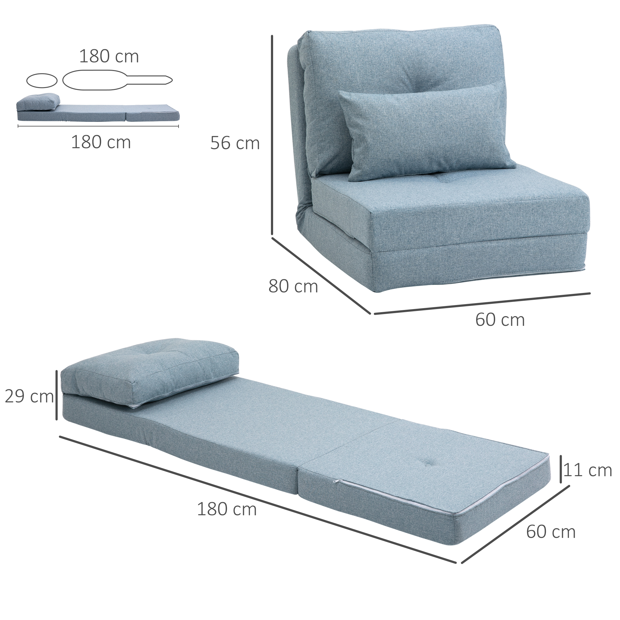 Vloerstoel Opvouwbaar Matras Slaapmat, 2-in-1 design, afneembaar kussen, 60 x 80 x 56 cm, Hemelsblauw