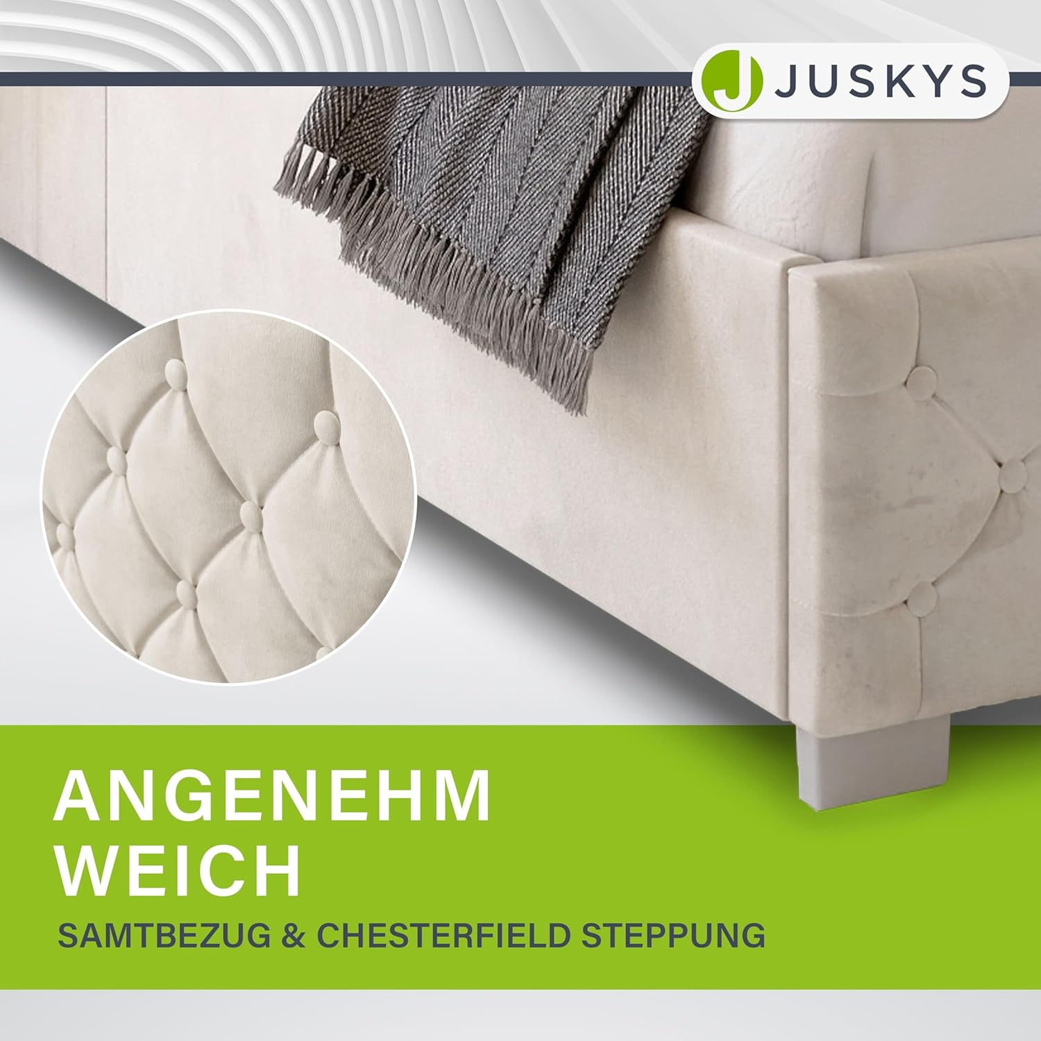 Juskys Polsterbett Nizza 120x200 cm mit Matratze, Bettgestell mit Lattenrost, Stauraum & LED Beleuchtung, Samtbezug, Chesterfield-Steppung, Beige