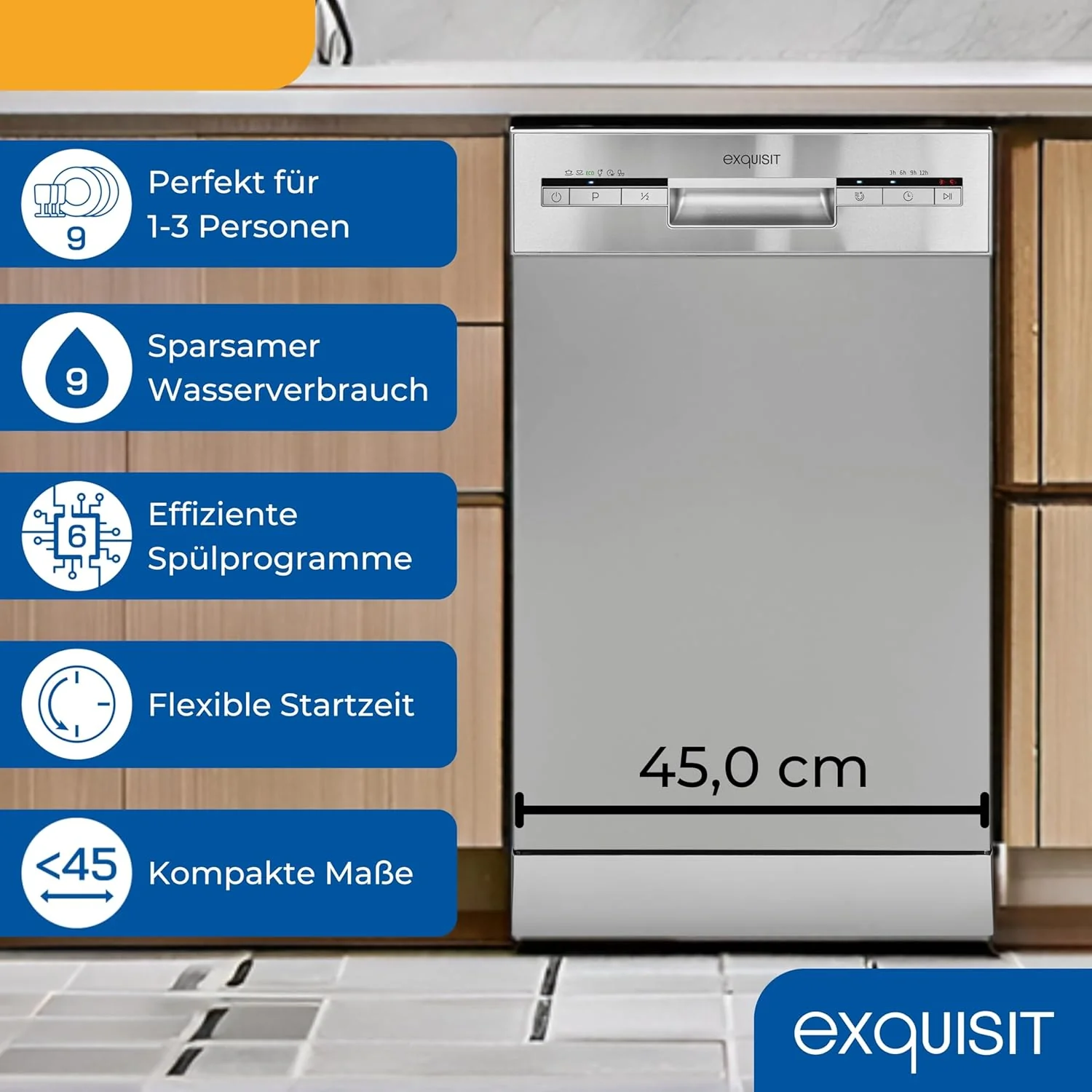 Exquisit Geschirrsp��ler, 9 Ma?gedecke, Sp��lmaschine 45 cm, Power+, ECO-Modus, Geschirrsp��ler 45 cm, GSP59109-030E silber