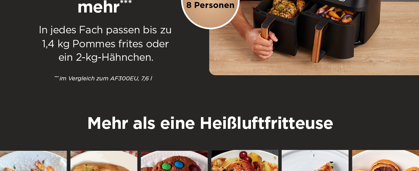 Der Text lautet „mehr“ und „Mehr als eine Heißluftfritteuse“. Marketingdisplay mit verschiedenen gekochten Speisen und Gerätefunktionen.