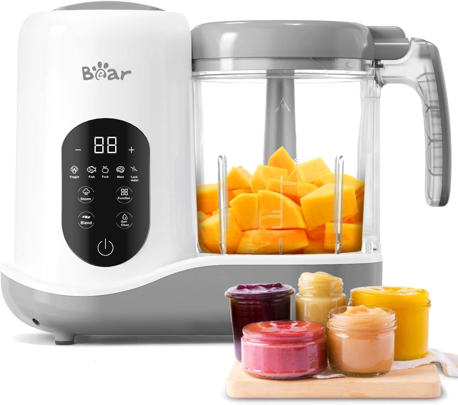 Bear Babynahrungszubereiter,Eine Stufe Baby Food Maker Dampfgarer Mixen,Automatisches Kochen & Zerkleinern,Babybrei Zubereiter mit Selbstreinigungsfunktion,Wei