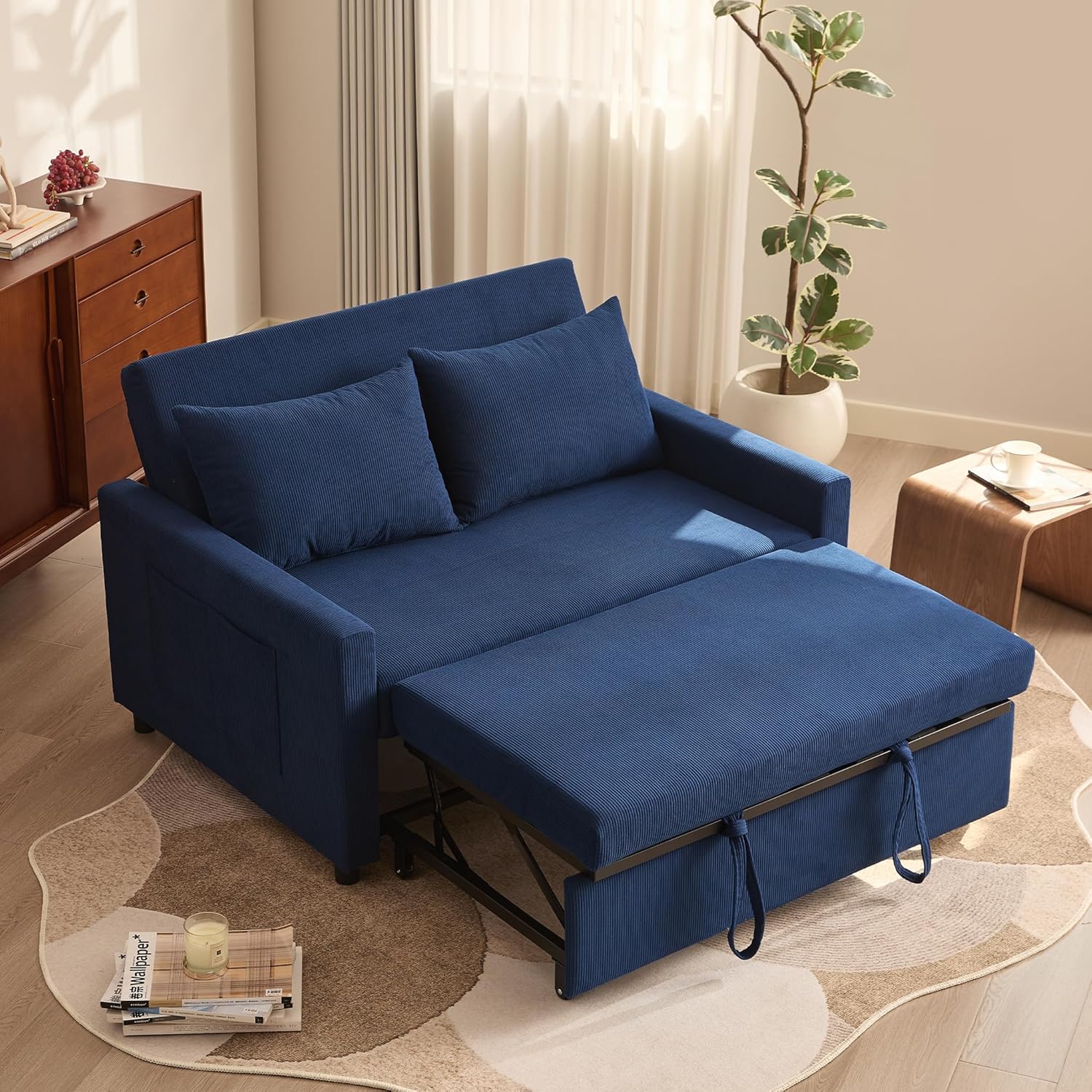 Schlafsofa 2-Sitzer, 3-in-1 ausziehbares Sofa Bett, Cordstoff Schlafcouch mit Verstellbarer Rückenlehne und Seitentaschen, für Wohnzimmer und Gästezimmer,Navyblau