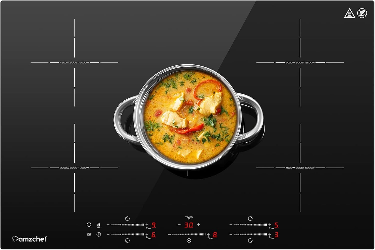 AMZCHEF Induktionskochfeld 5 Zonen Einbau Induktionskochplatte mit Booster und 9 Stufen, Pausenfunktion und warm halten, Induktion Kochfeld mit Slider-Steuerung, Multifunktions-Timer,7400W