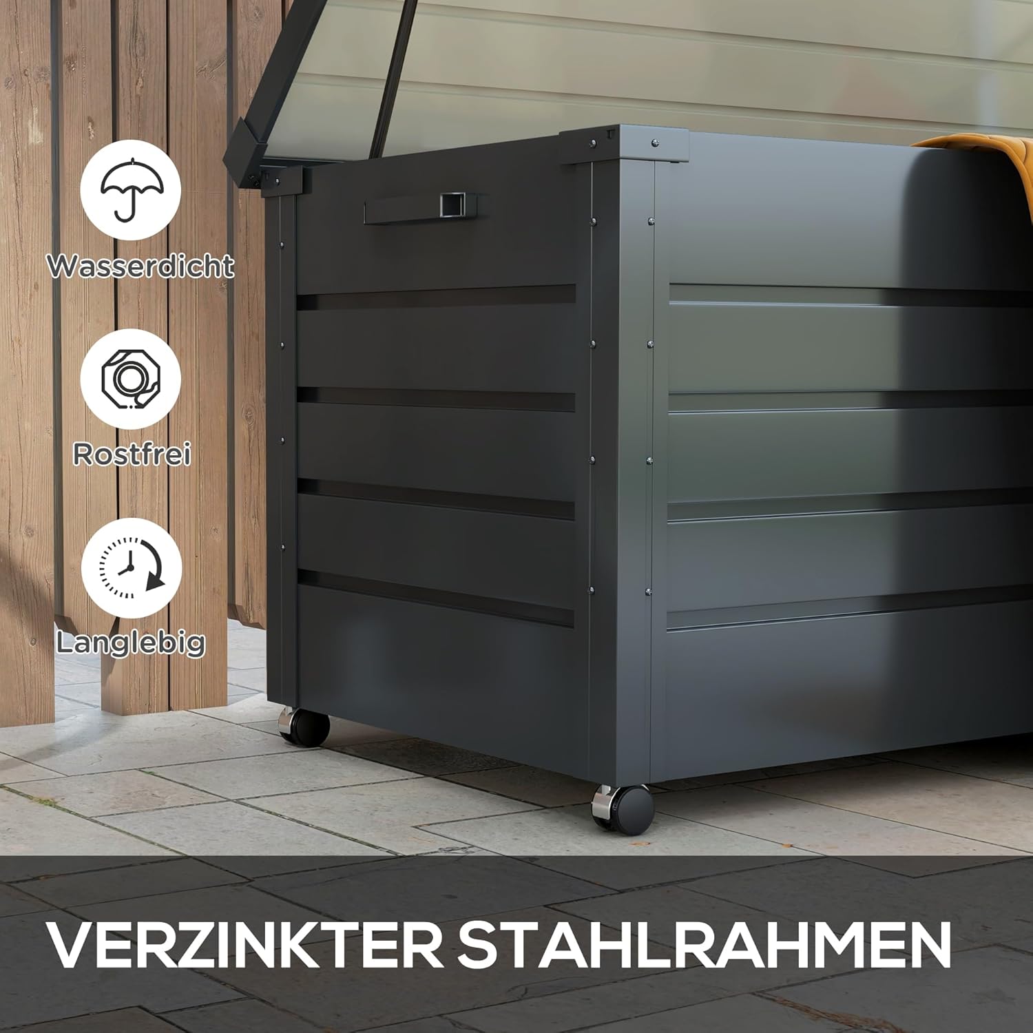 Outsunny Gartenbox Metall 311 Liter Auflagenbox mit Griffen Rollen Schloss Wasserdicht Abschließbar Gartentruhe Outdoor Kissenbox wetterfest Aufbewahrungsbox für Garten Balkon 120 x 62cm Dunkelgrau