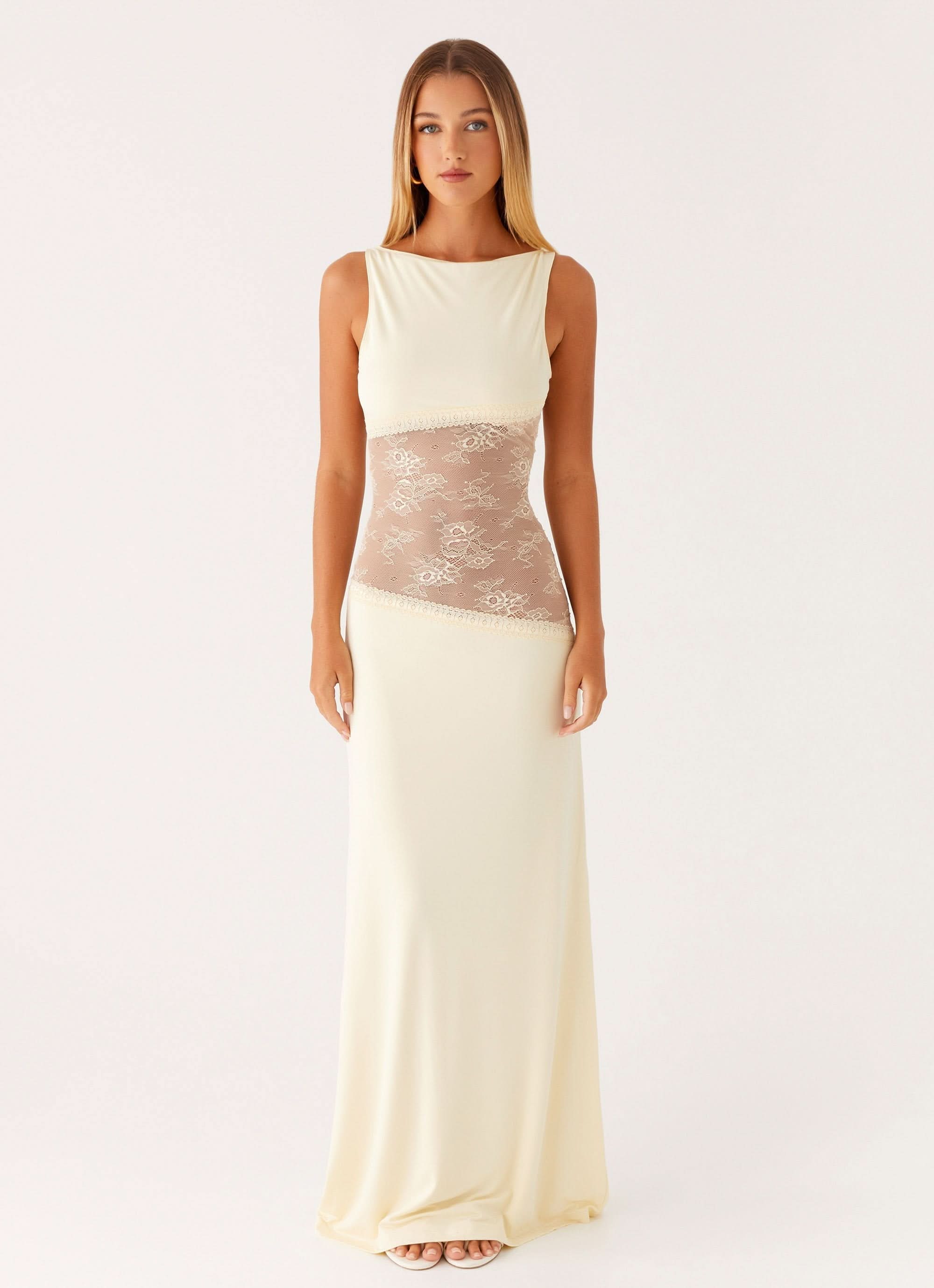 ?rmelloses Cocktail-Maxikleid mit Spitze und Cut-outs f��r Damen