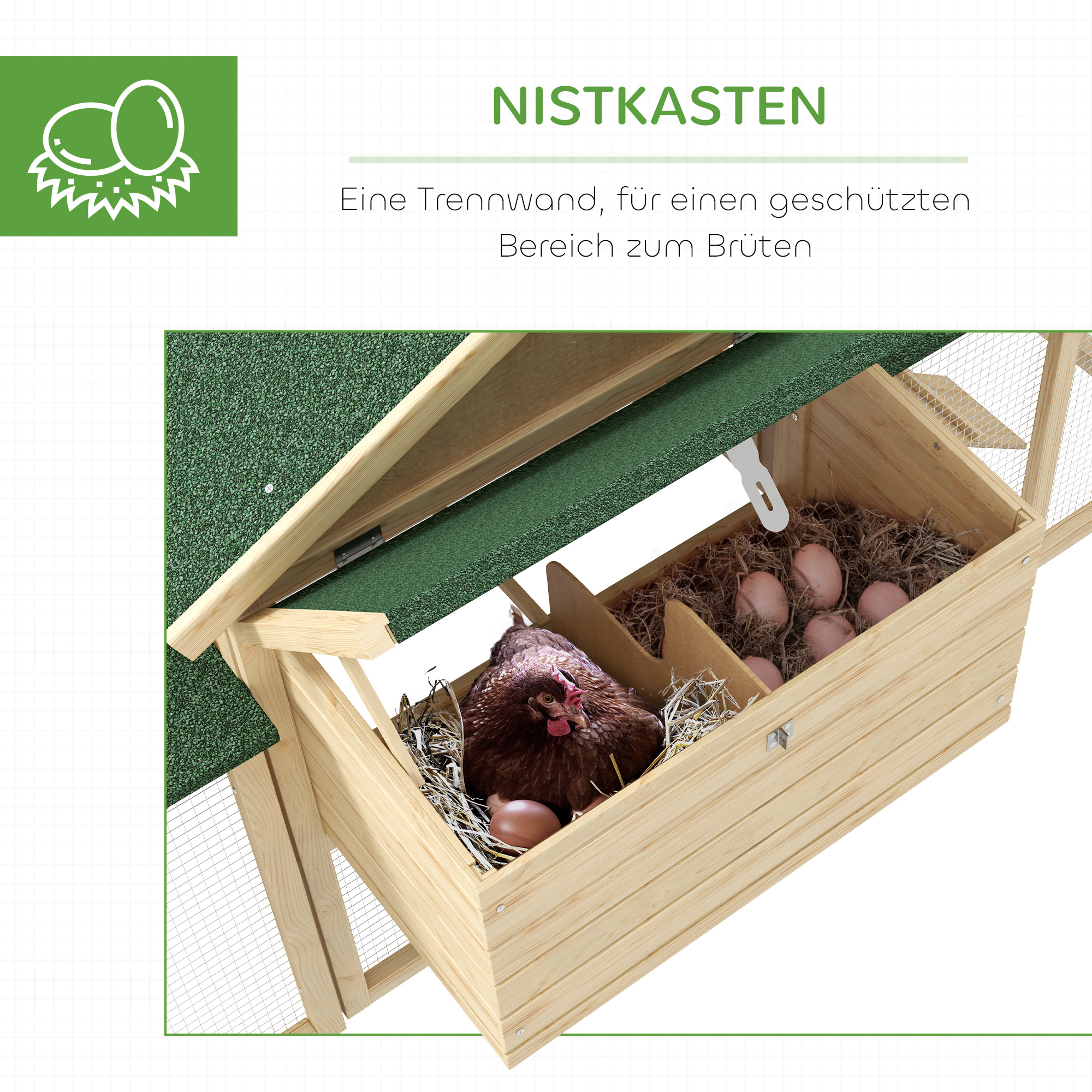 PawHut Kippenren met Buitenverblijf, Incl. Legkast, Helling en Bodemlade Dennenhout Natuurhout