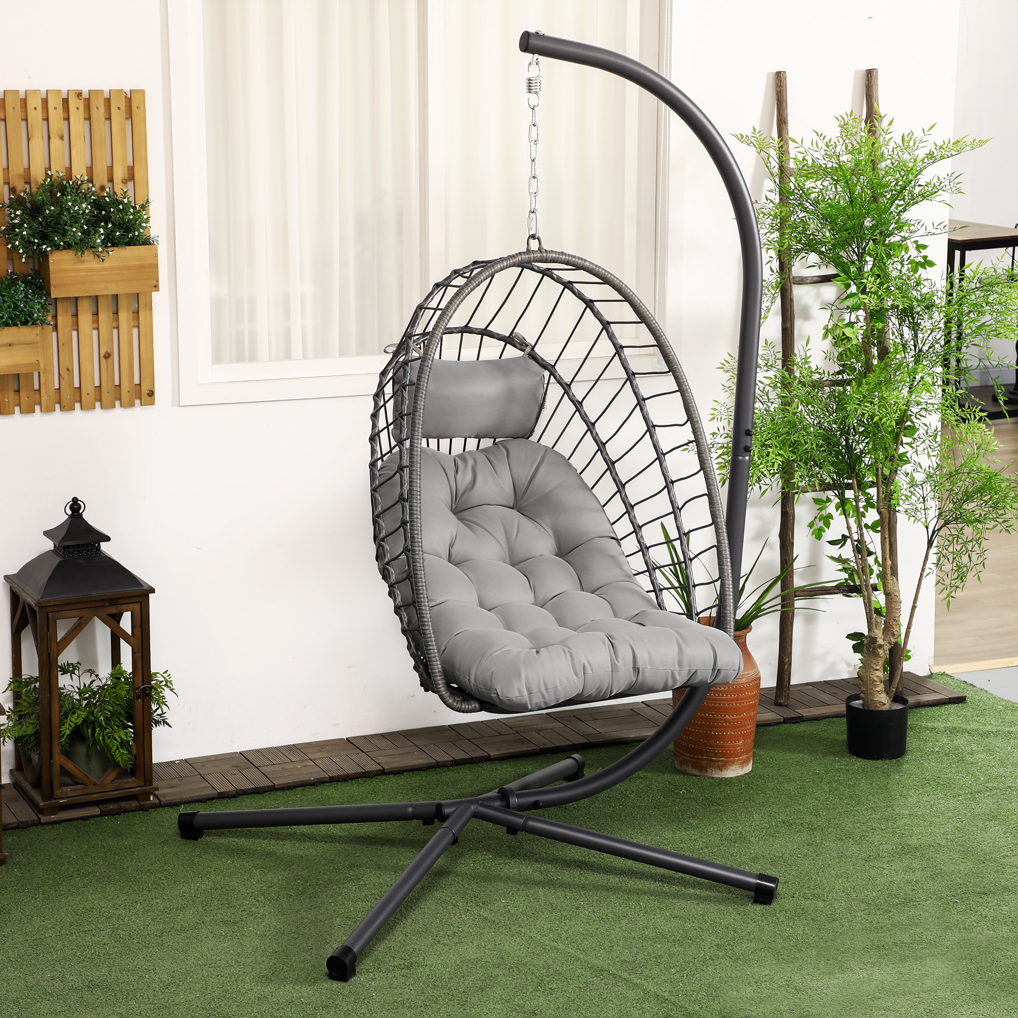 Outsunny Hangingstoel Rotan Loungestoel, weerbestendig, 1 kussen, 100 cm x 131 cm x 194 cm, Lichtgrijs