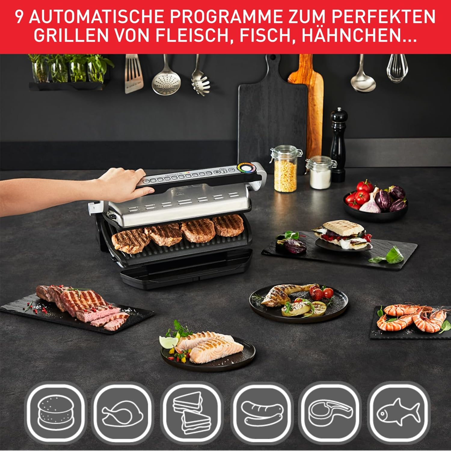 Tefal OptiGrill+ XL | Kontaktgrill mit automatischer Temperatur-Anpassung | 9 automatische Programme | XL-Grillfläche | inklusive Backschale | GC724D12