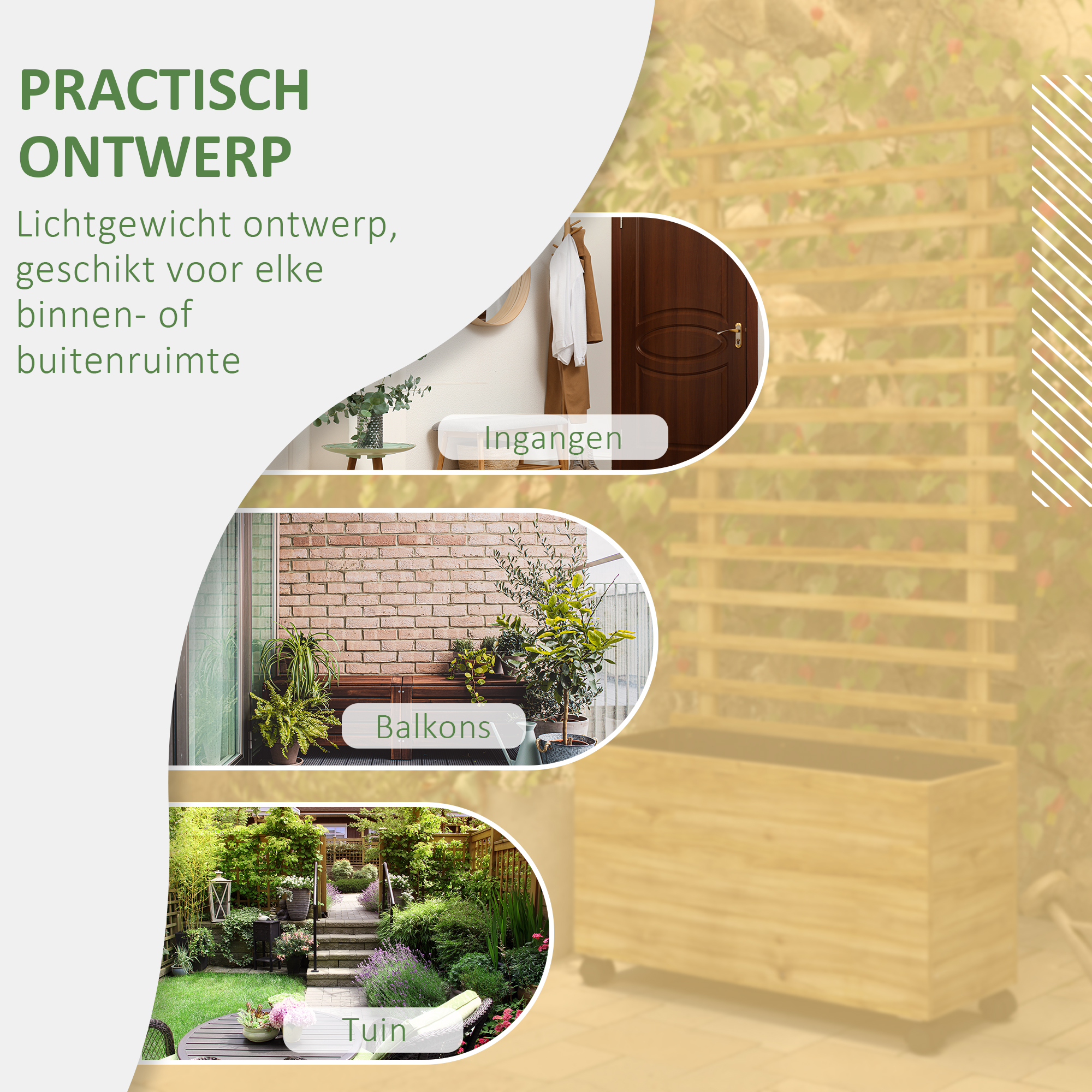 Outsunny Plantenbak met Traliewerk, 4 Wielen, Natuurlijk Hout, Weerbestendige Lak, 76 x 30 x 155 cm