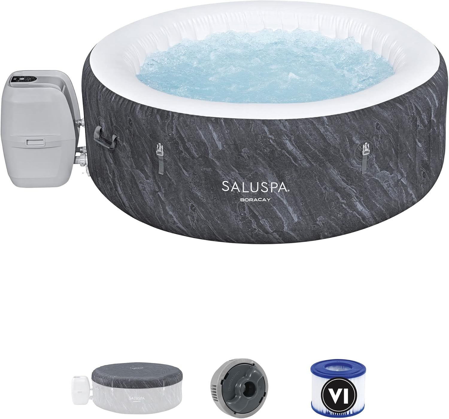 Bestway SaluSpa Fiji AirJet Large Round 2 to 4 Person Inflatable Hot Tub Portable Outdoor Spa with 120 AirJets and EnergySense Cover, Grey