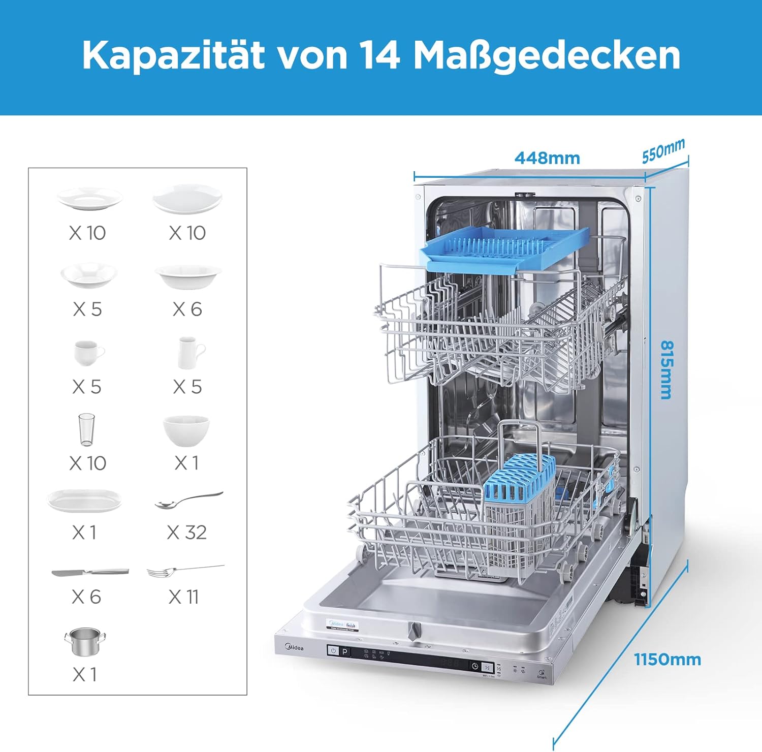 Midea Geschirrspüler Unterbau MDWEU1435XSS-W, 14 Maßgedecke, Spülmaschine 60 cm Teilintegrierbar mit WIFI, Extra Trocknung, 7 Programme, 47dB, 0-24h Startzeitverzögerung, Inox