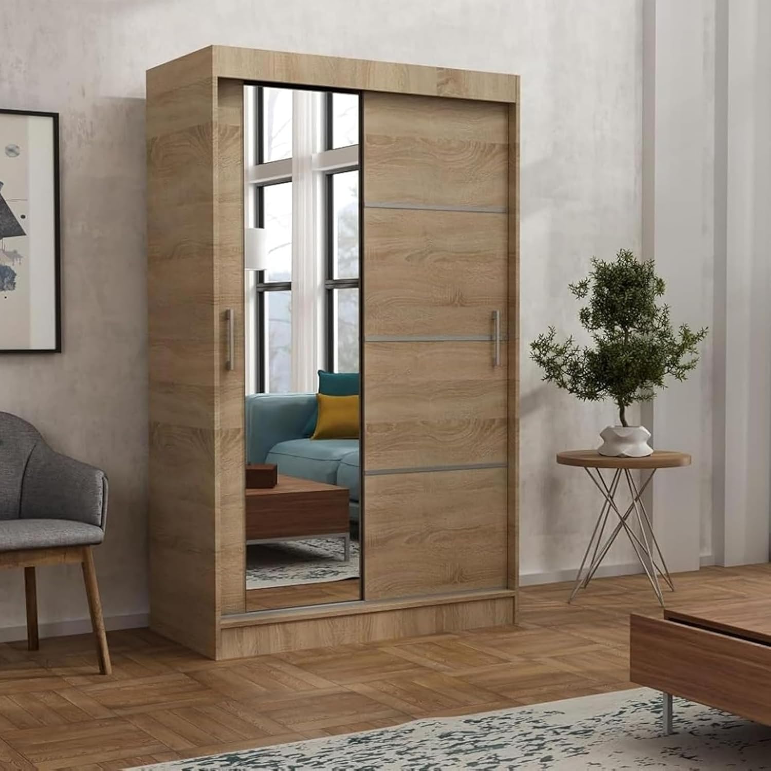 Brent - Kleiderschrank mit Spiegel 100cm Breit Windsor Tomy I Schlafzimmerschrank mit 2 Kleiderstange und Einlegeböden für Kleidung I Kleiderschrank Sonoma Eiche