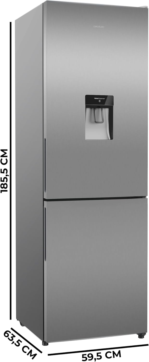 Cecotec Frigorífico Combi Con Dispensador de Agua 322L Bolero CoolMarket Combi 322i WD Inox D. 185,5cm de Alto, 59,5cm de Ancho, Tecnología Multi Airflow, HumidityFlex HUB, LED Interior