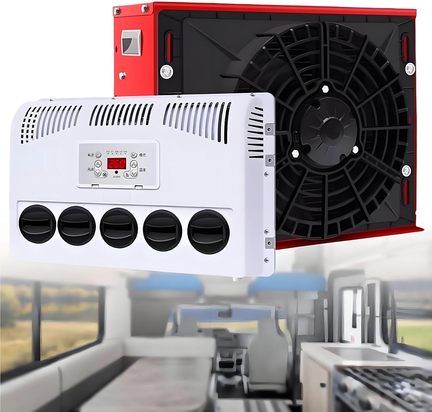 Generisch 12V/24V RV Klimaanlage 300-850W Split Parking Klimaanlage Kit 450m³/h Luftvolumen Leise Schnelle Kühlung für LKW Busse Wohnmobile Wohnwagen Bagger,Schwarz,24V-Red