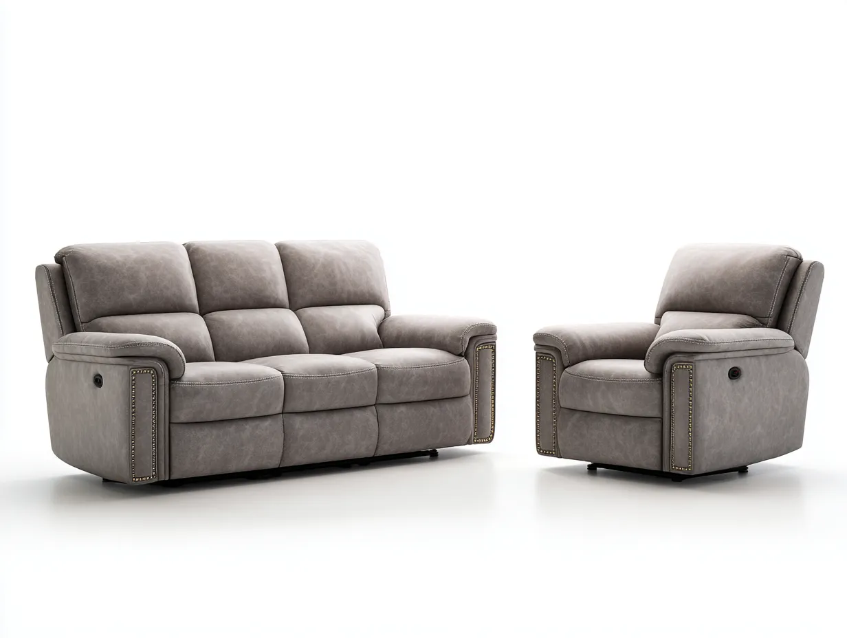 Relaxsofa Sets-Leder-Holz-Metall-214 x 99 x 105 cm-Taupe-Klassische Wohnzimmereinrichtung