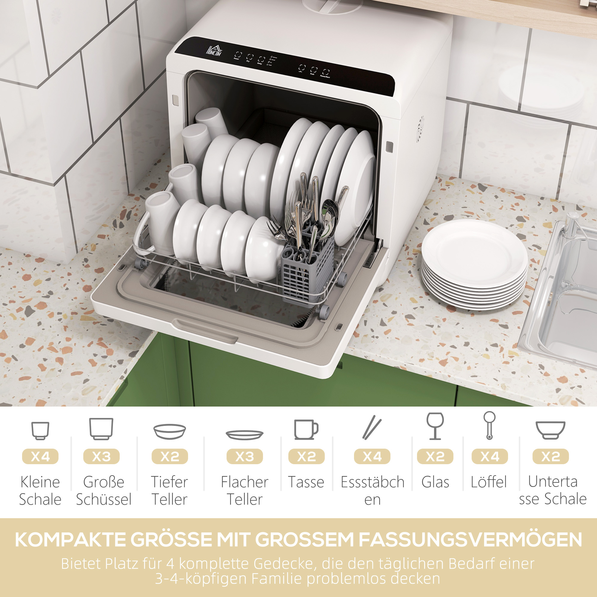 Compacte Tafelvaatwasser, 4 Couverts, Droogmodus, 6L Tank/Kraan, Startuitstel, LED, Wit
