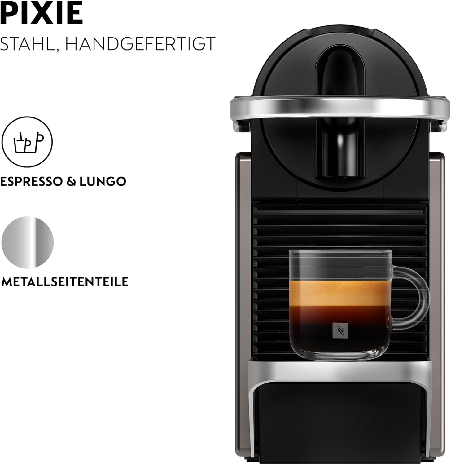 Krups Nespresso Pixie Redesign Kaffeekapselmaschine, 1260 W, 0,7-L-Wassertank, Espresso oder Lungo, energiesparend, recycelbare Kapseln, inkl. Willkommensset, Titan, XN306T10