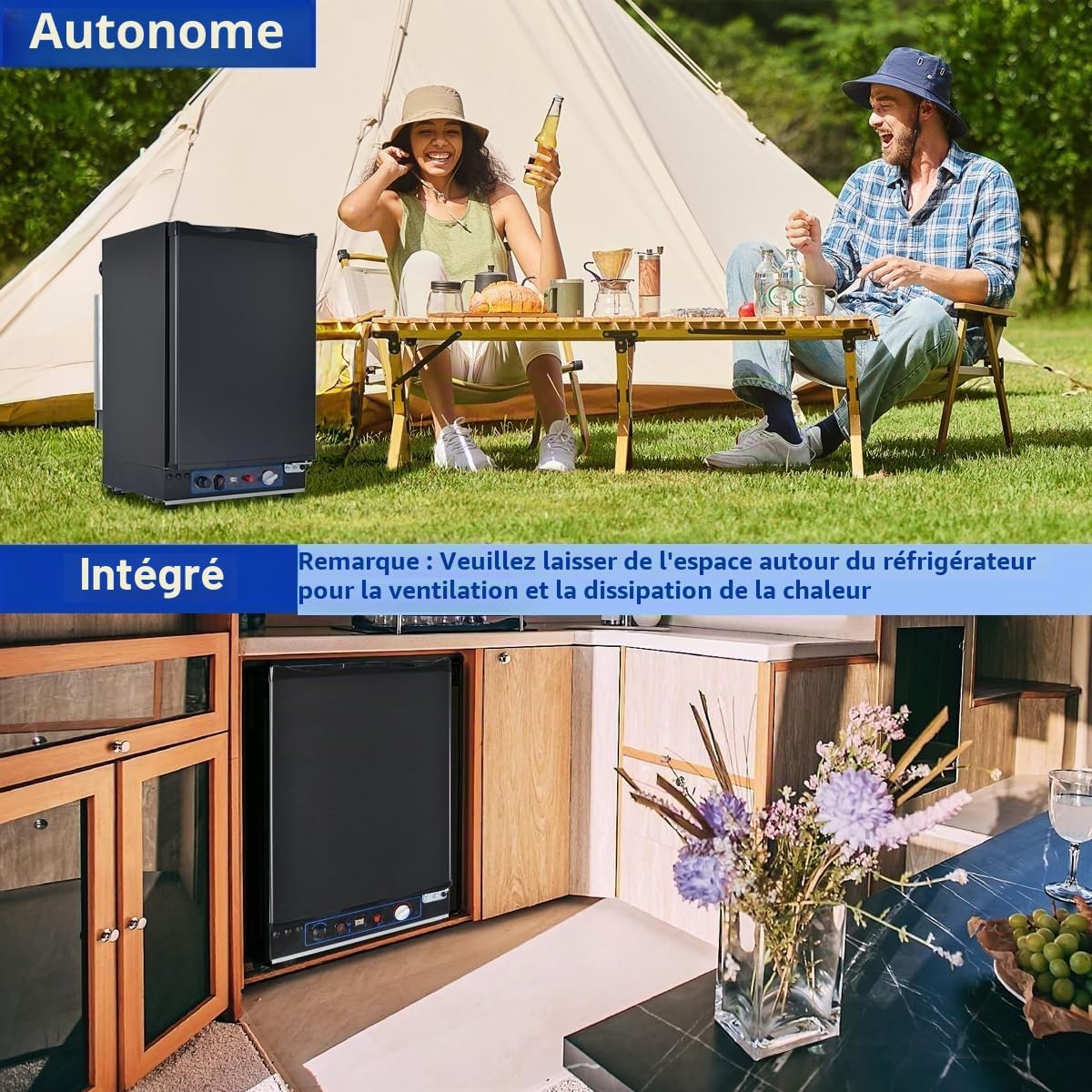 Smad Frigo Gaz, 40L, Frigo Trimixte 12V 220V Gaz Camping Car, Réfrigérateur Camping Gaz pour Camping-Car Camion Caravane Fourgon Chalet Mobile-home, 28/30mbar, Noir