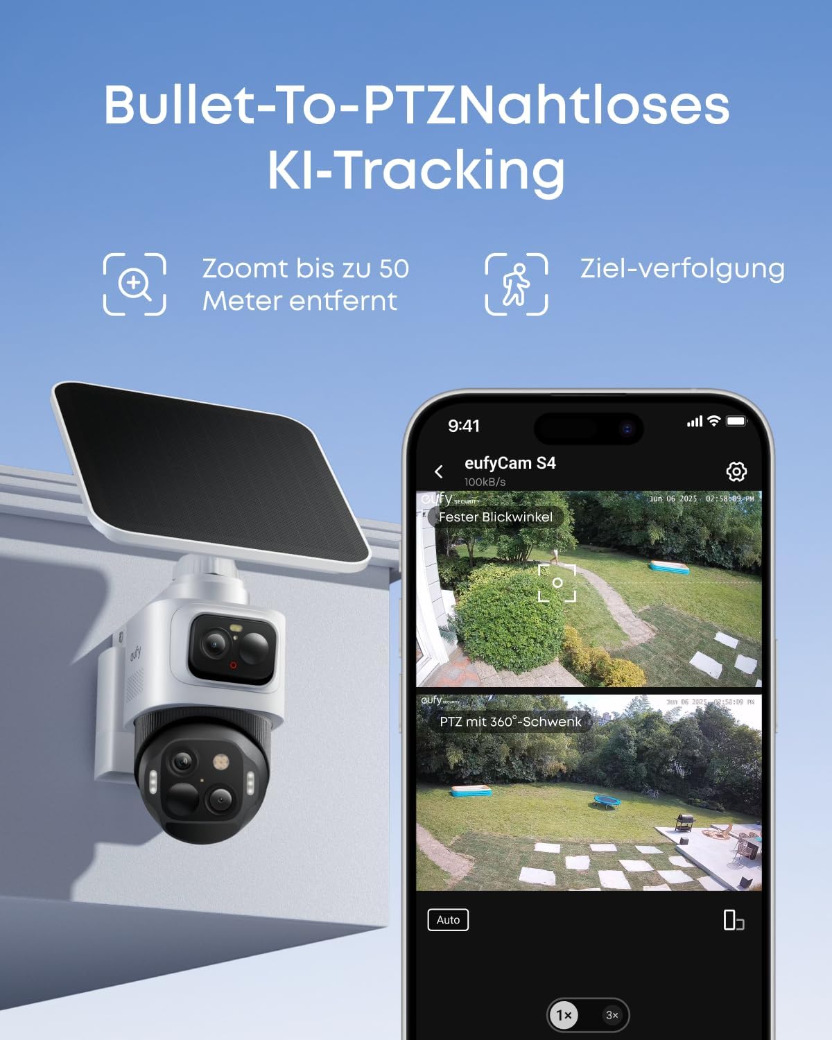 eufy Security eufyCam S4, kabellose Solar‑Outdoor‑Überwachungskamera, 3‑Linsen Bullet‑PTZ‑Kamera, 4K UHD, 360° Multi‑Kamera‑Auto‑Tracking, 8× Hybridzoom, Farbnachtsicht, kompatibel mit HomeBase S380