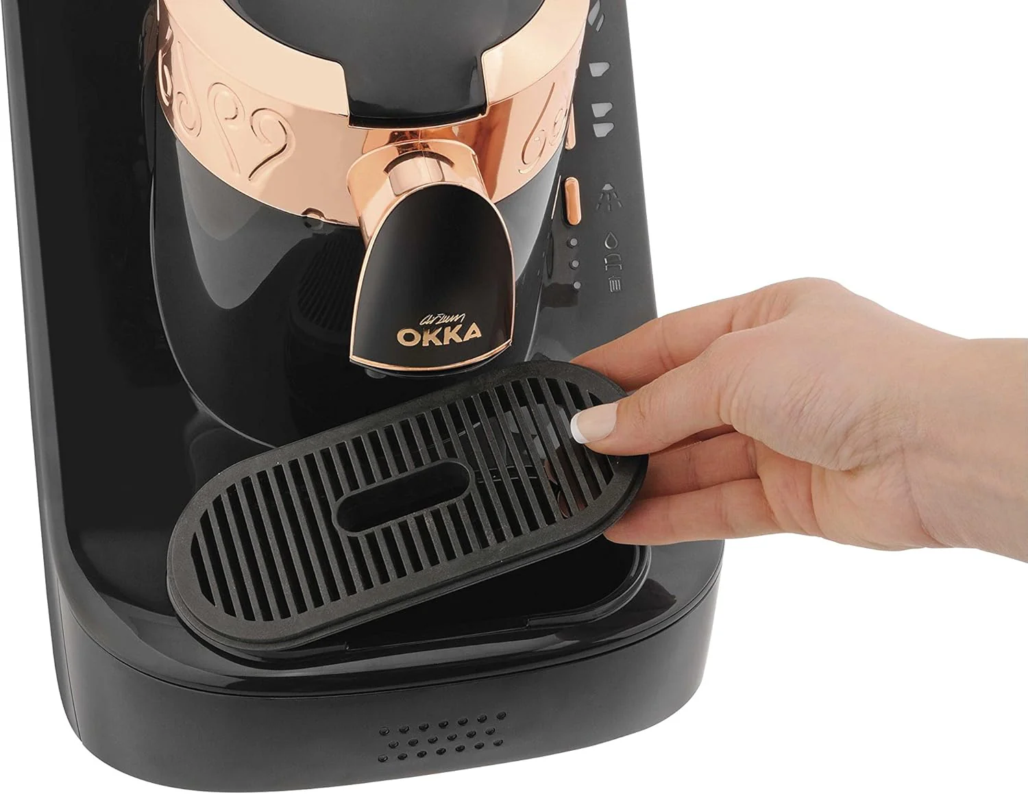 Arzum Okka Turkse koffiemachine, volautomatisch, 3 kopmaten, zelfreinigingsfunctie, watertank van 950 ml, overloopbeveiligingssensor, compact ontwerp, zwart-goud