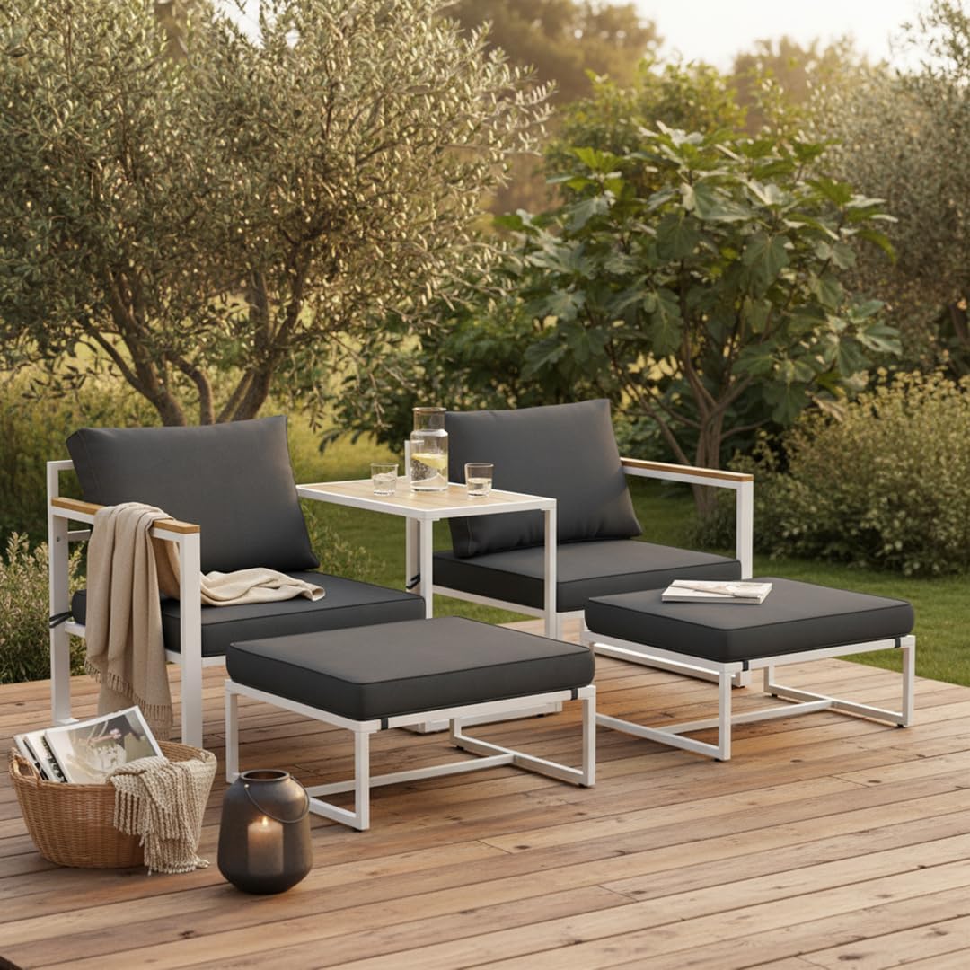 STEELSØN Gartenmöbel Set 5-TLG Asteri, Gartenlounge für 2-4 Personen, Balkonmöbel Set wetterfest inkl. 2 Sessel, 2 Hocker und 1 Tisch, Terrassenmöbel aus Metall mit Kissen Weiß