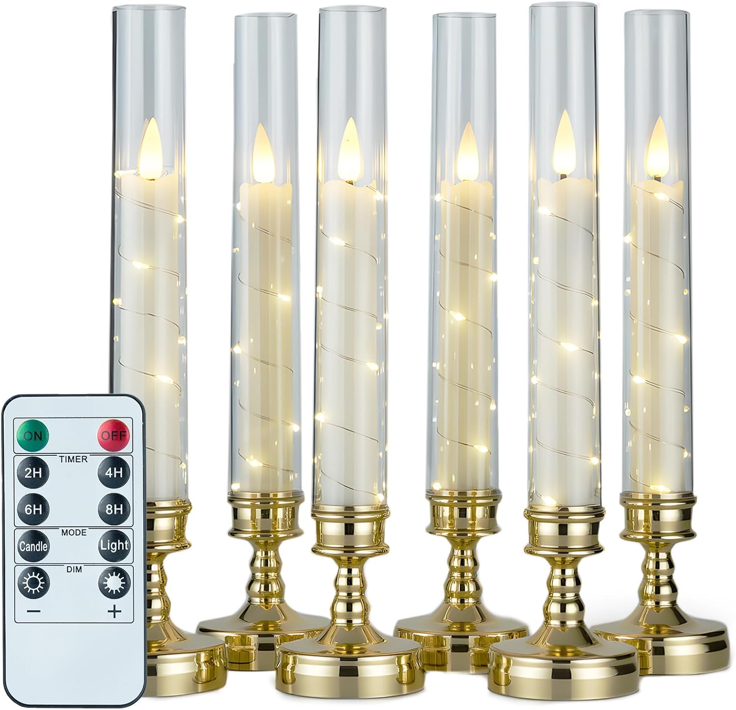 Flammenlose Kerzen mit Fernbedienung und Timer, flackernde LED-Kerzen mit eingebetteter Sternschnur, goldfarbene batteriebetriebene Kerzen, Heimdekoration für Hochzeit, Zuhause, Tisch, Fenster